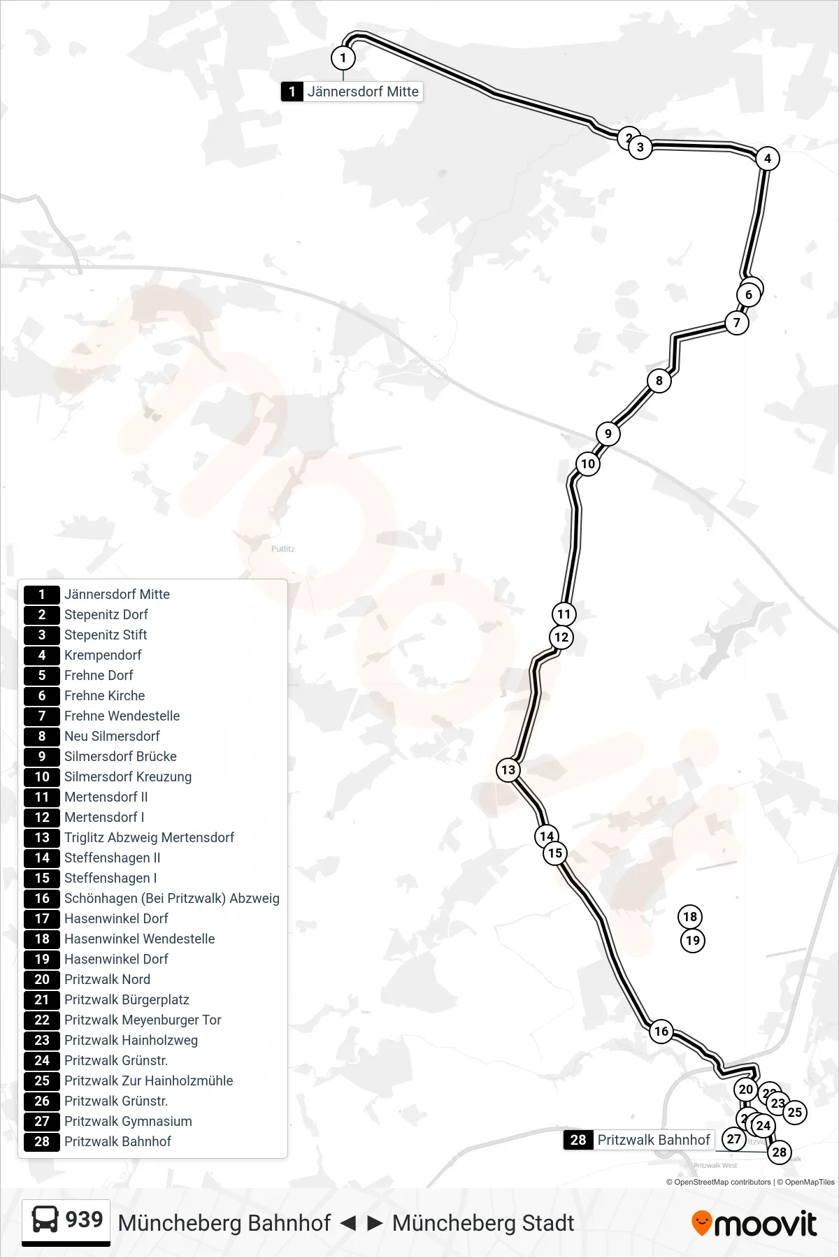 Linie 939 (Bus) Richtung Pritzwalk Bahnhof: Route und Haltestellen auf der Karte
