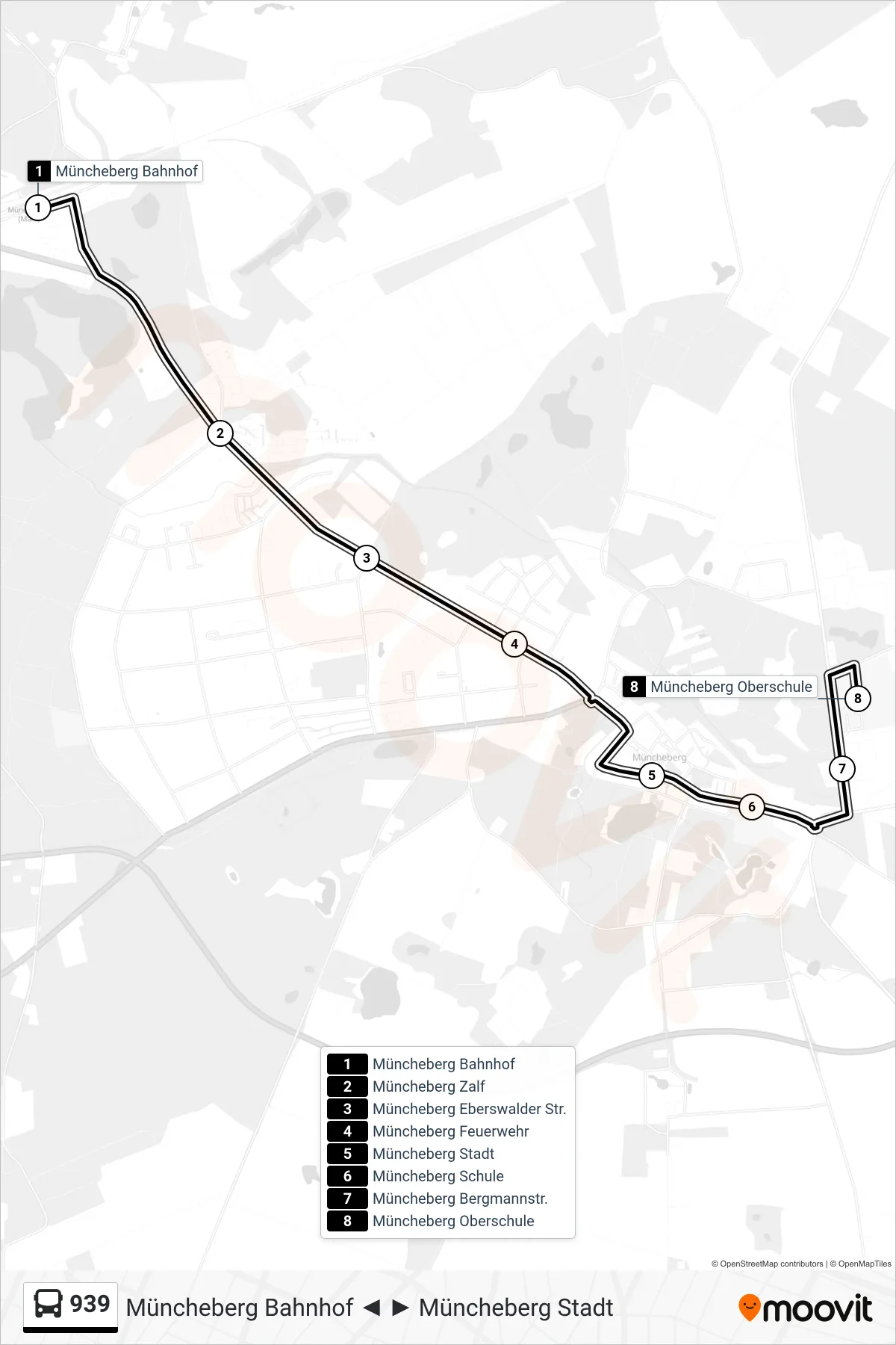 Linie 939 (Bus) Richtung Müncheberg Oberschule: Route und Haltestellen auf der Karte