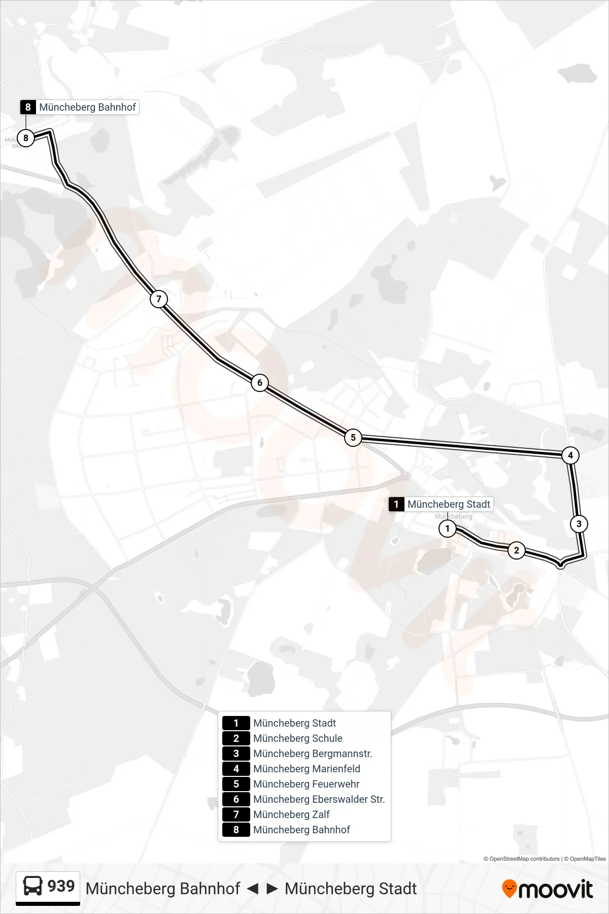 Linie 939 (Bus) Richtung Müncheberg Bahnhof: Route und Haltestellen auf der Karte