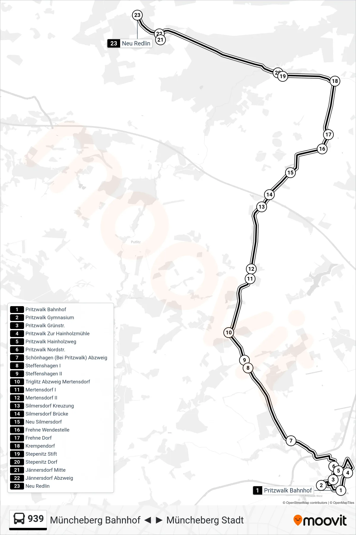 Linie 939 (Bus) Richtung Neu Redlin: Route und Haltestellen auf der Karte