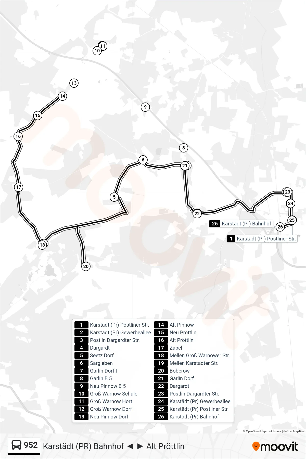 Linie 952 (Bus) Richtung Karstädt (Pr) Bahnhof: Route und Haltestellen auf der Karte