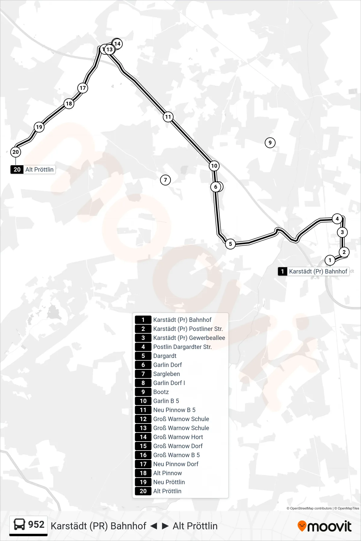 Linie 952 (Bus) Richtung Alt Pröttlin: Route und Haltestellen auf der Karte