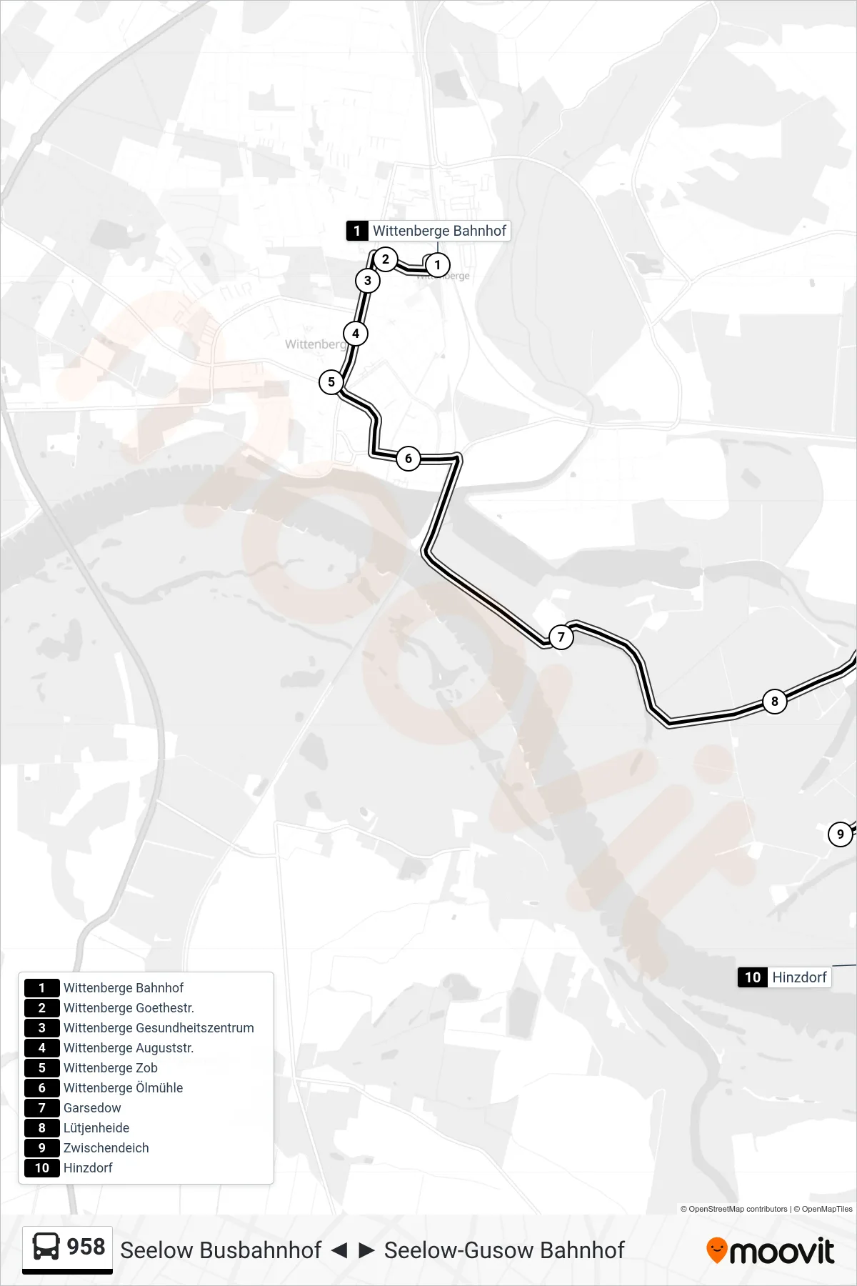 958 bus Line (Hinzdorf) route and stops on a map