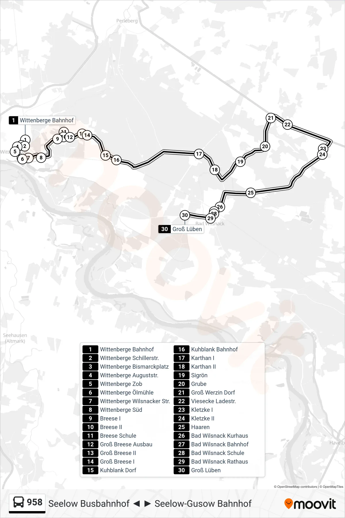 958 bus Line (Groß Lüben) route and stops on a map