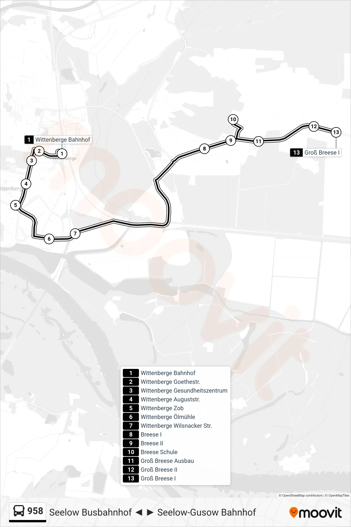 958 bus Line (Groß Breese I) route and stops on a map