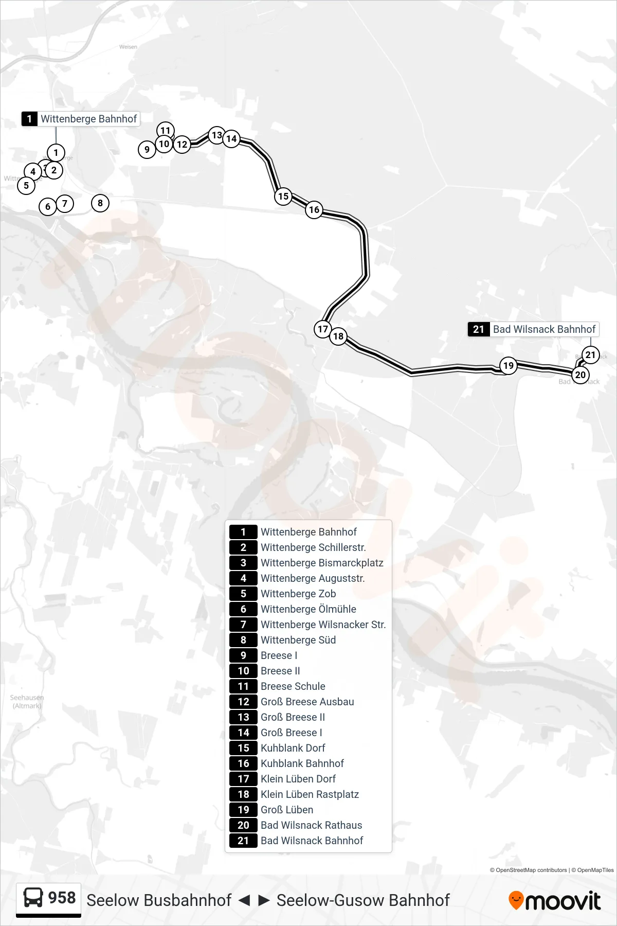 958 bus Line (Bad Wilsnack Bahnhof) route and stops on a map