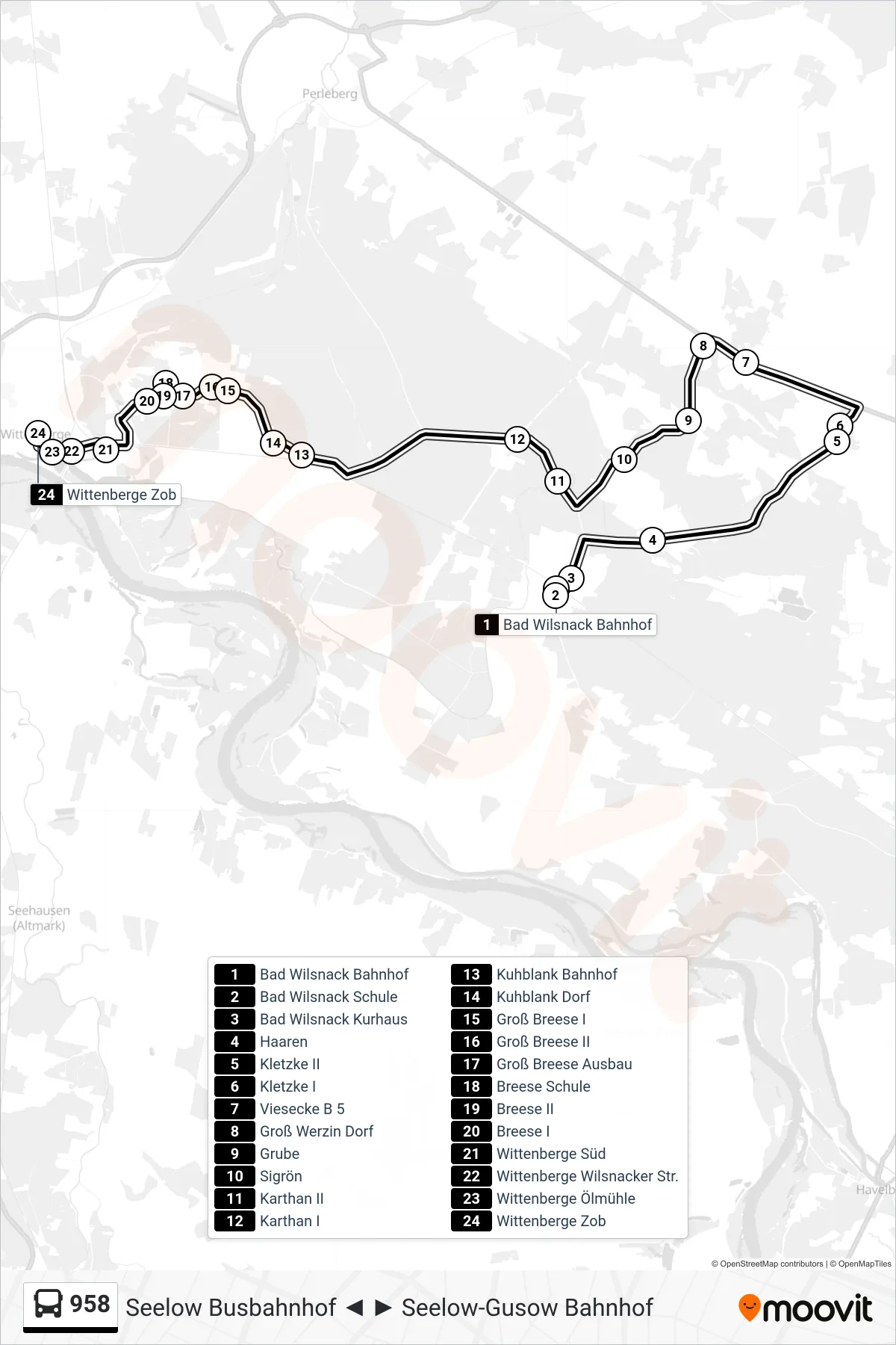 Linie 958 (Bus) Richtung Wittenberge Zob: Route und Haltestellen auf der Karte