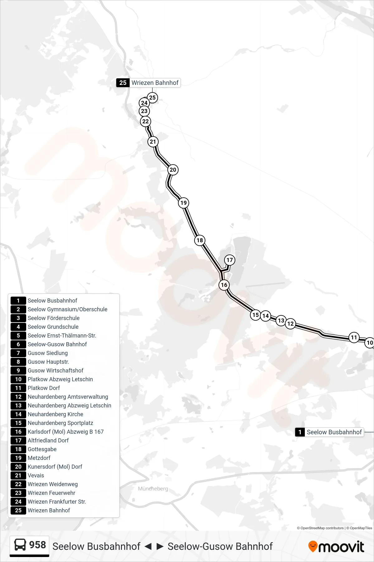Linie 958 (Bus) Richtung Wriezen Bahnhof: Route und Haltestellen auf der Karte