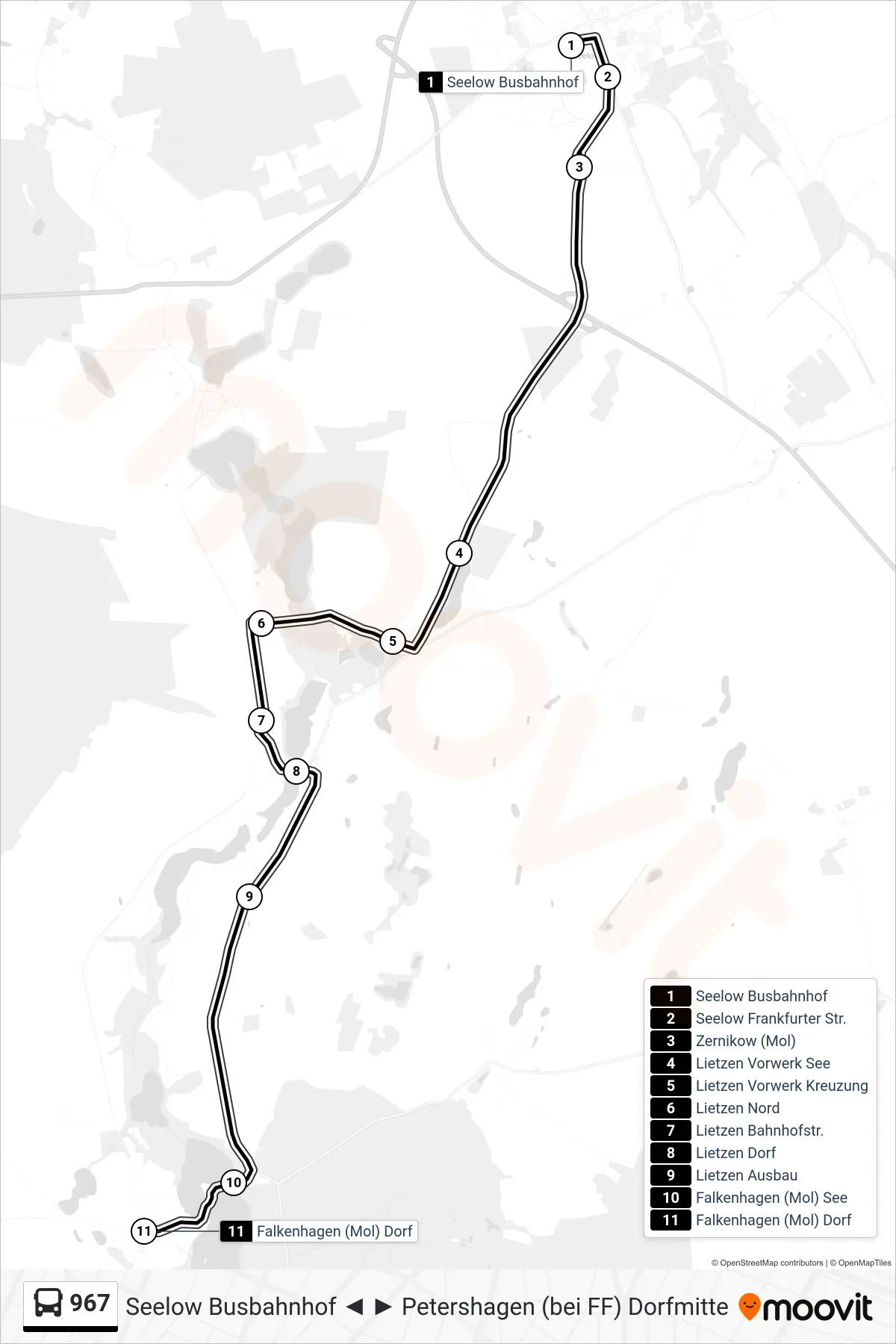 Linie 967 (Bus) Richtung Falkenhagen (Mol) Dorf: Route und Haltestellen auf der Karte