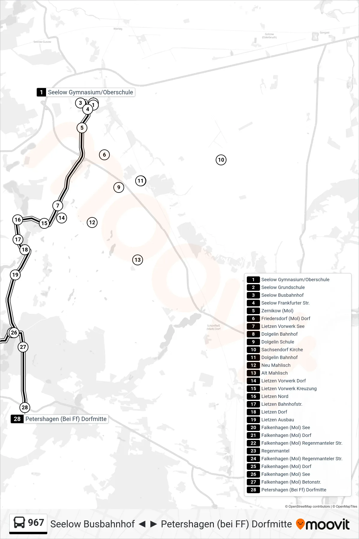 Linie 967 (Bus) Richtung Petershagen (Bei Ff) Dorfmitte: Route und Haltestellen auf der Karte