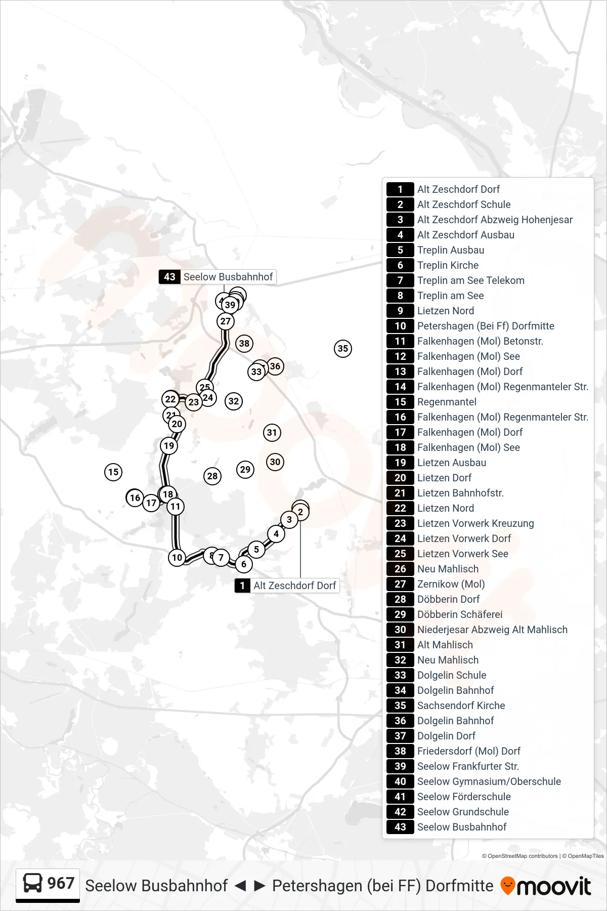 967 bus Line (Seelow Busbahnhof) route and stops on a map