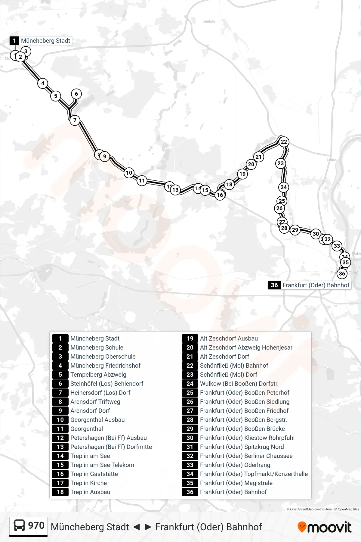 Linie 970 (Bus) Richtung Frankfurt (Oder) Bahnhof: Route und Haltestellen auf der Karte