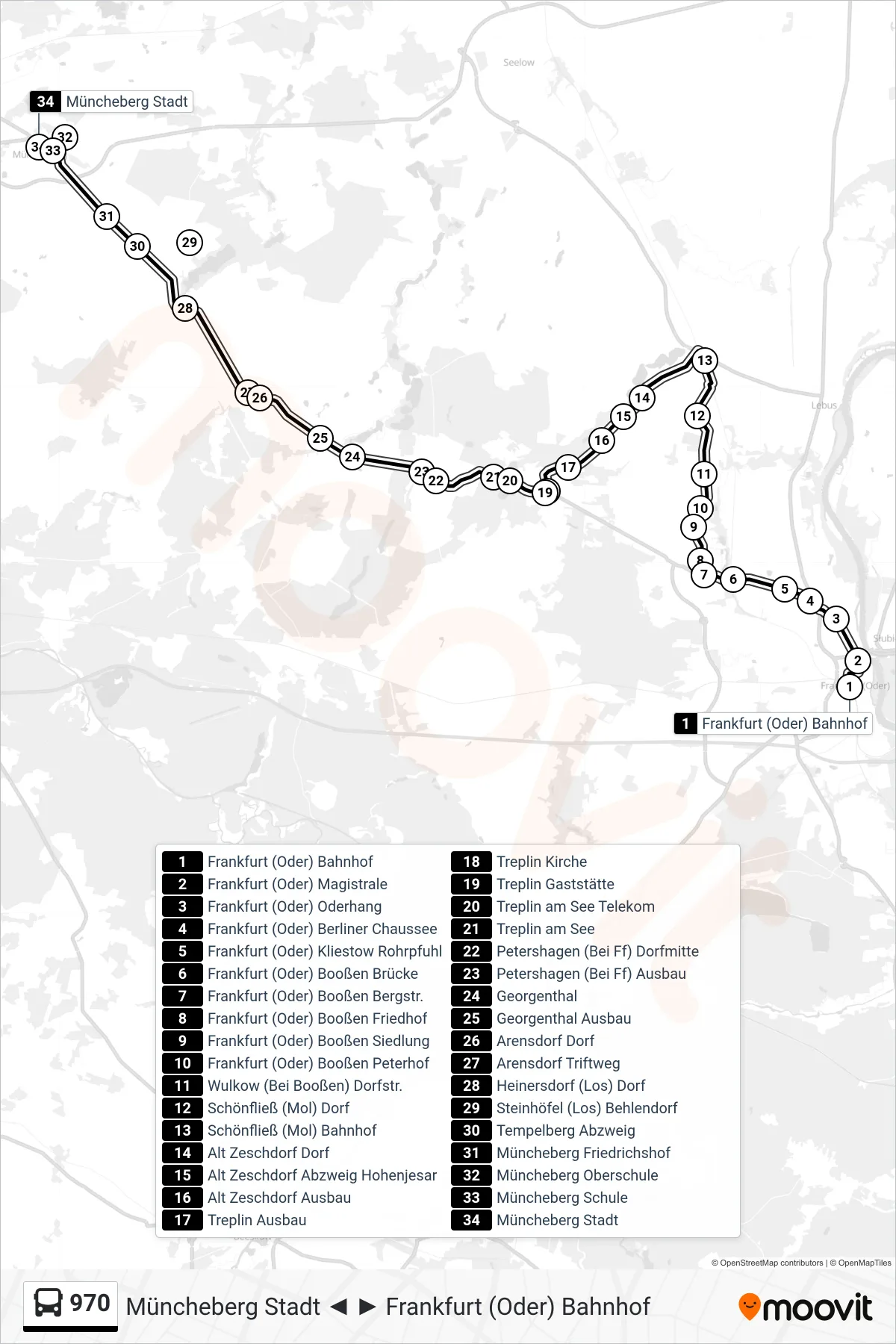 Linie 970 (Bus) Richtung Müncheberg Stadt: Route und Haltestellen auf der Karte