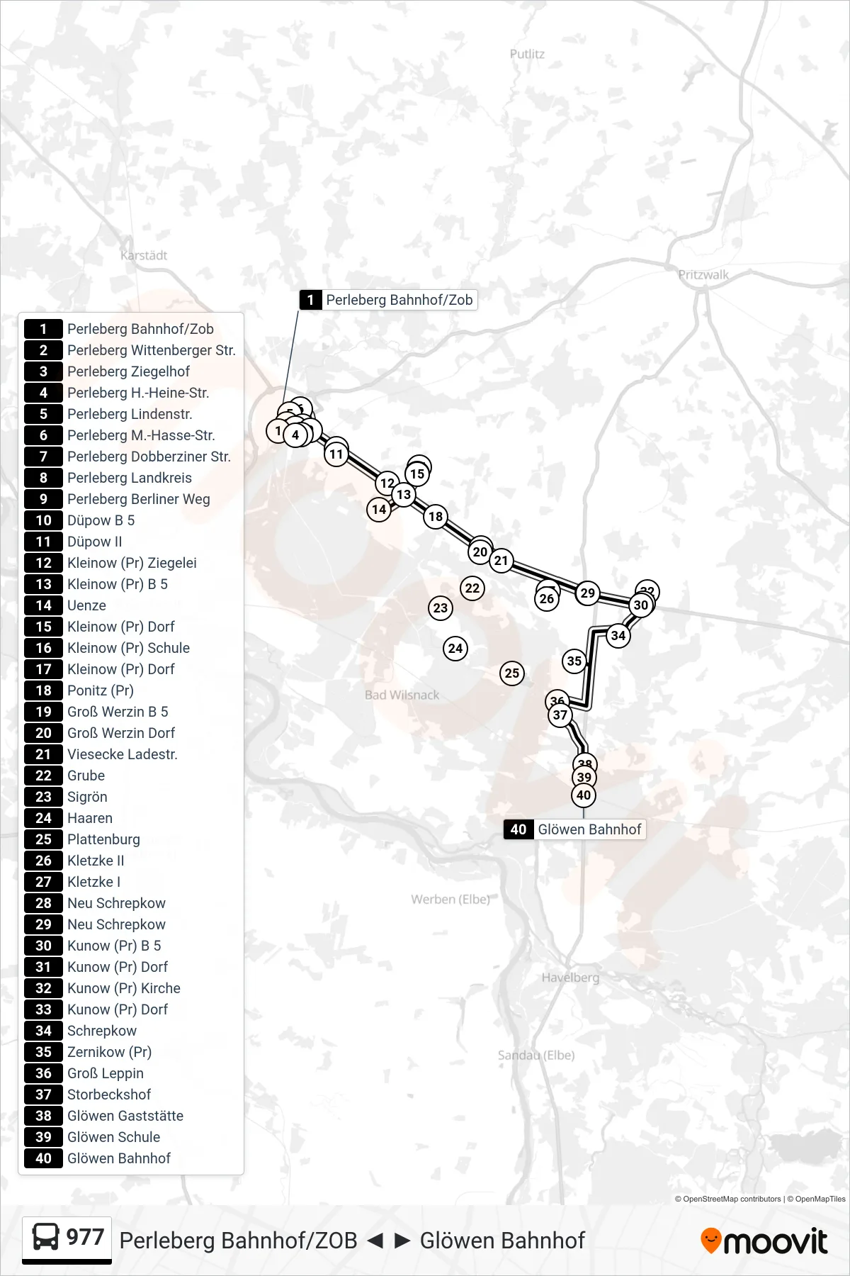 Linie 977 (Bus) Richtung Glöwen Bahnhof: Route und Haltestellen auf der Karte