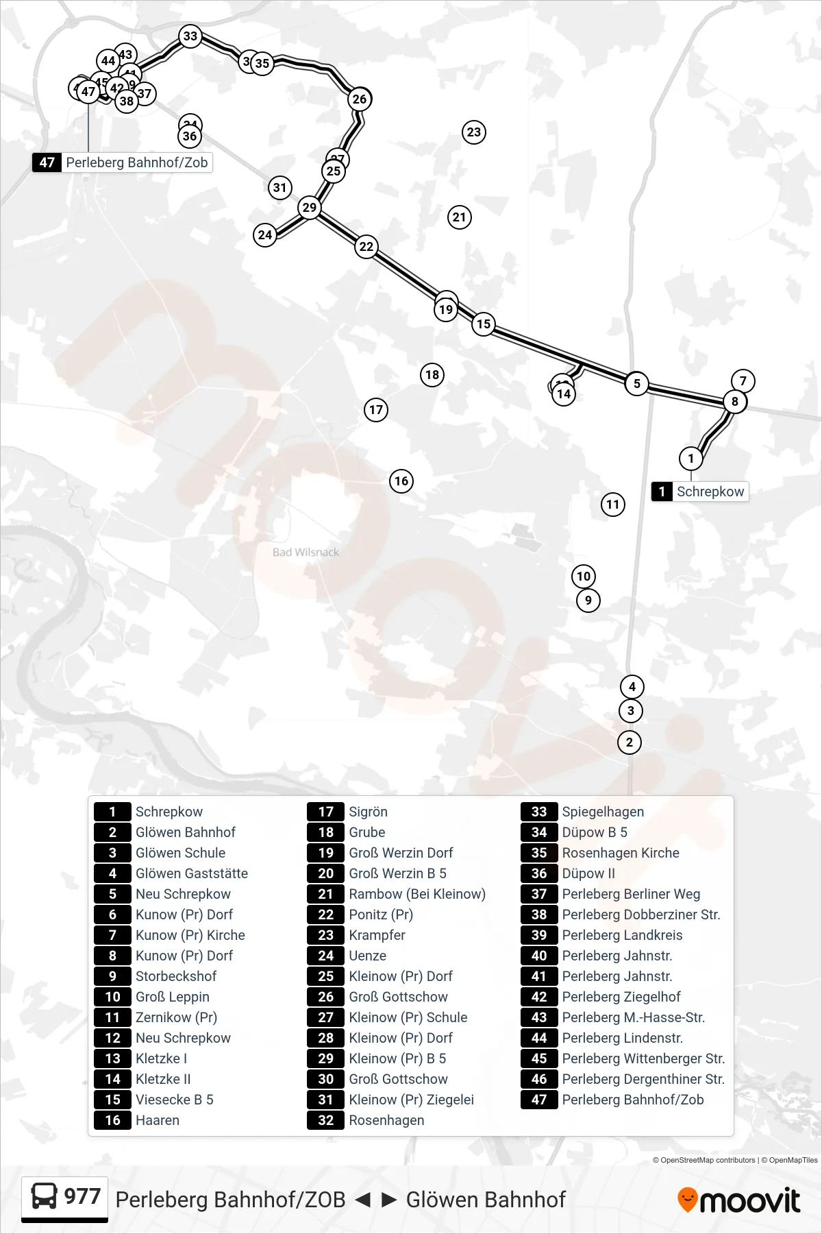 Linie 977 (Bus) Richtung Perleberg Bahnhof/Zob: Route und Haltestellen auf der Karte