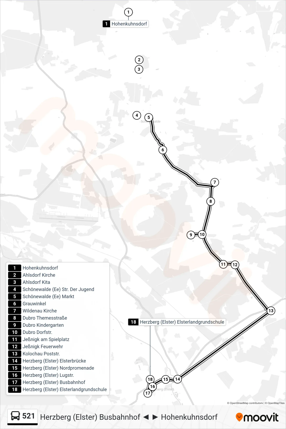 Linie 521 (Bus) Richtung Herzberg (Elster) Elsterlandgrundschule: Route und Haltestellen auf der Karte