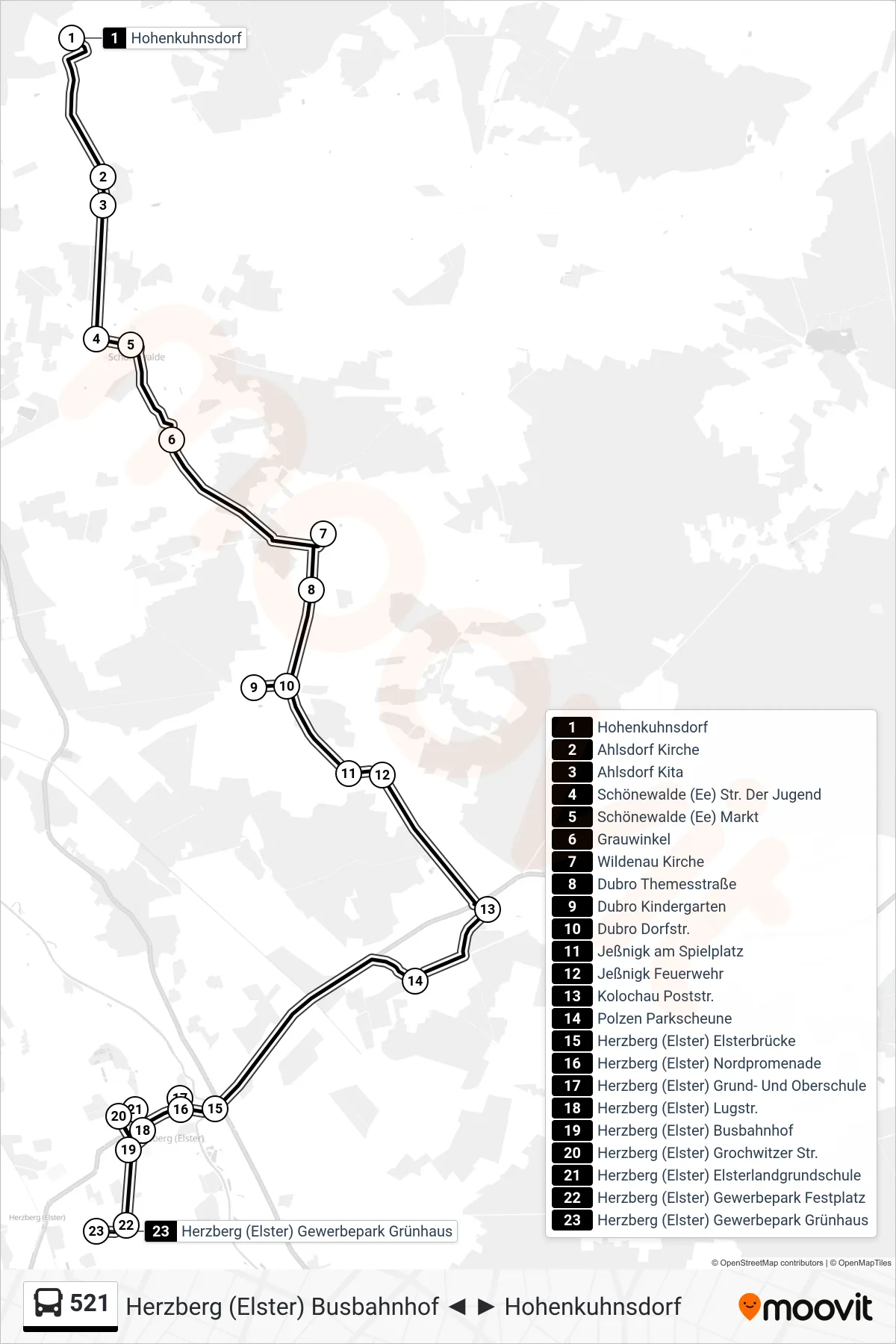 Linie 521 (Bus) Richtung Herzberg (Elster) Gewerbepark Grünhaus: Route und Haltestellen auf der Karte