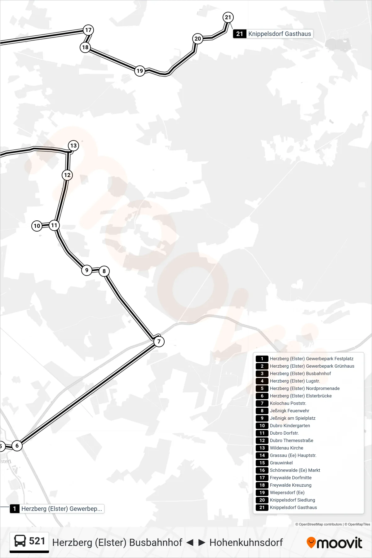 Linie 521 (Bus) Richtung Knippelsdorf Gasthaus: Route und Haltestellen auf der Karte
