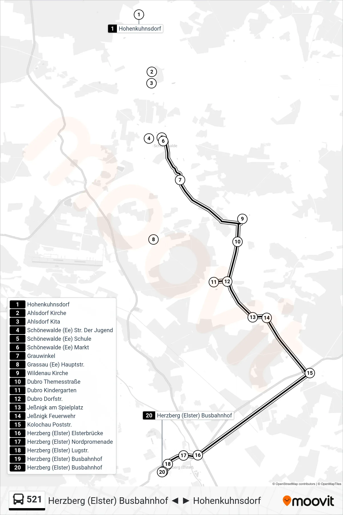 Linie 521 (Bus) Richtung Herzberg (Elster) Busbahnhof: Route und Haltestellen auf der Karte