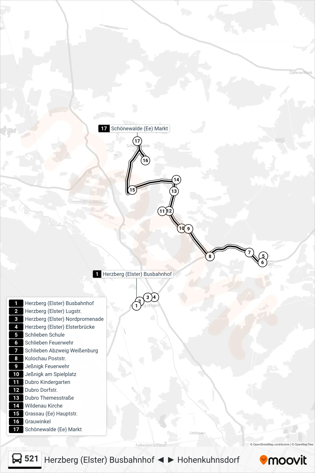 Linie 521 (Bus) Richtung Schönewalde (Ee) Markt: Route und Haltestellen auf der Karte