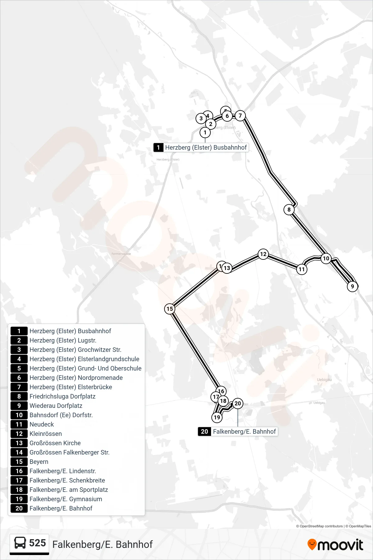 Linie 525 (Bus) Richtung Falkenberg/E. Bahnhof: Route und Haltestellen auf der Karte
