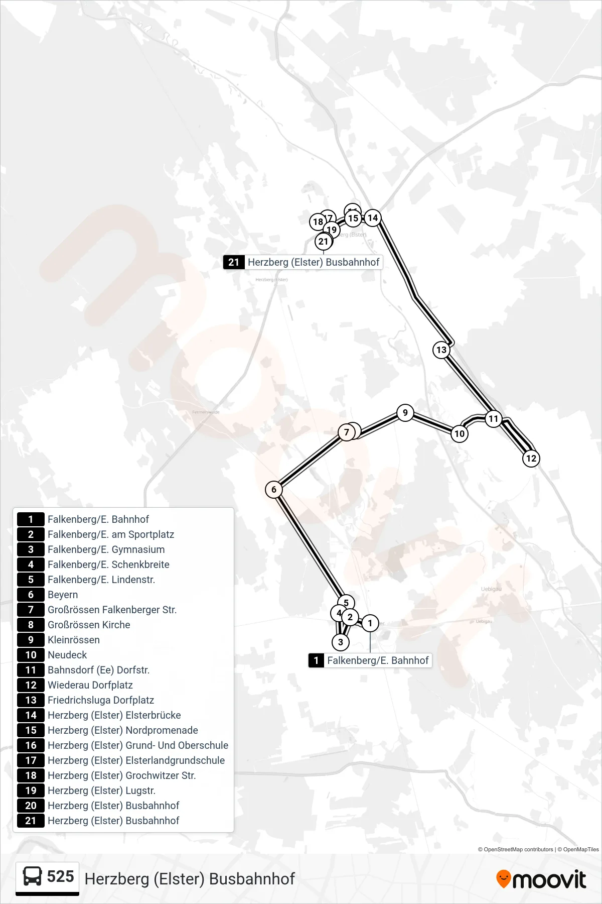 Linie 525 (Bus) Richtung Herzberg (Elster) Busbahnhof: Route und Haltestellen auf der Karte