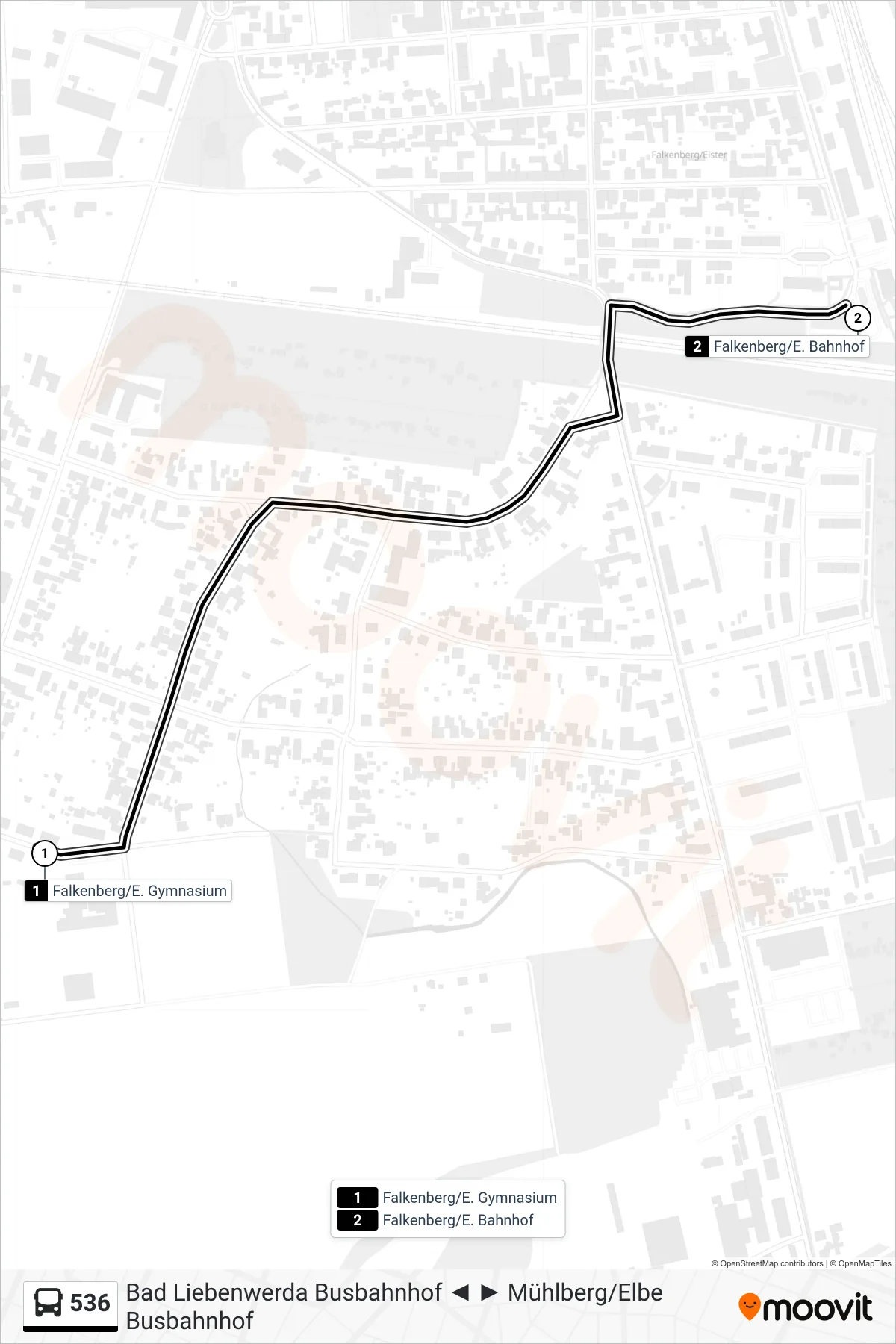 Linie 536 (Bus) Richtung Falkenberg/E. Bahnhof: Route und Haltestellen auf der Karte
