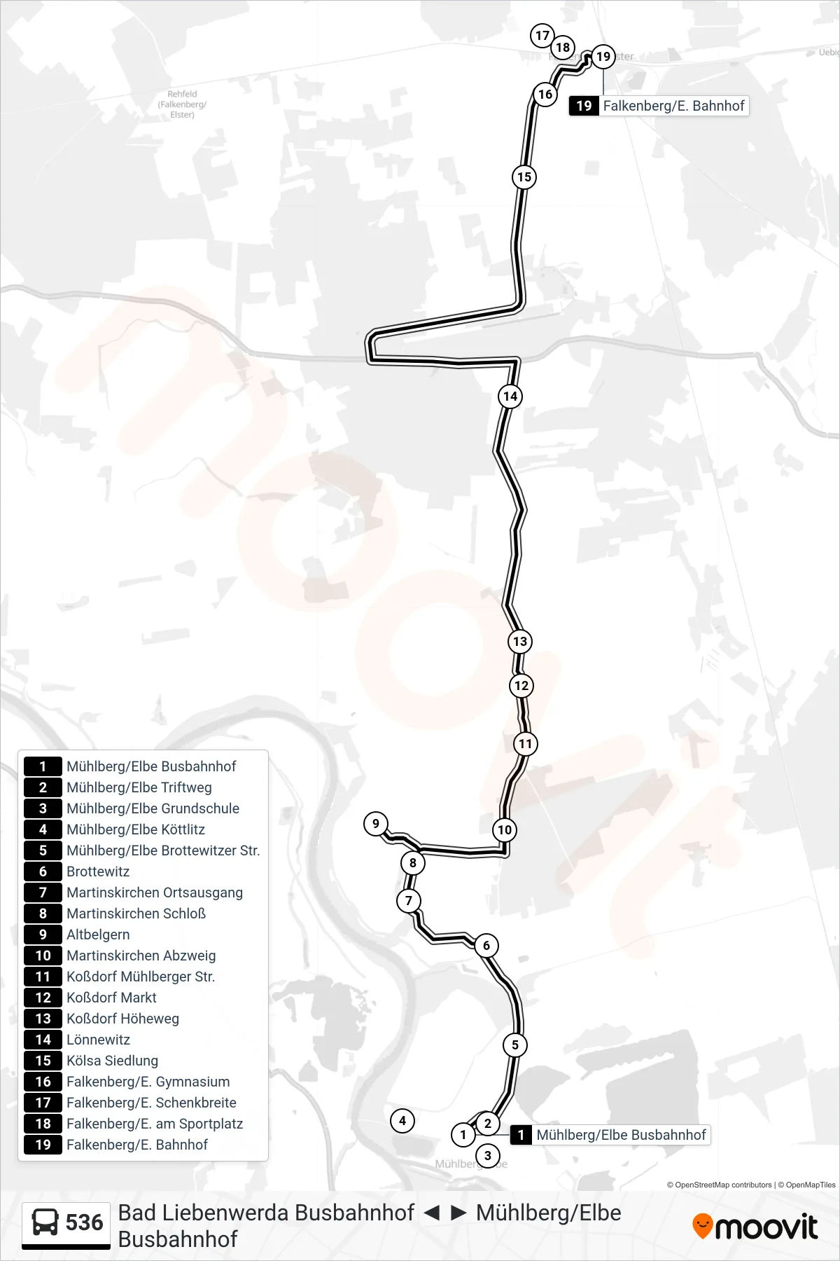 Linie 536 (Bus) Richtung Falkenberg/E. Bahnhof: Route und Haltestellen auf der Karte