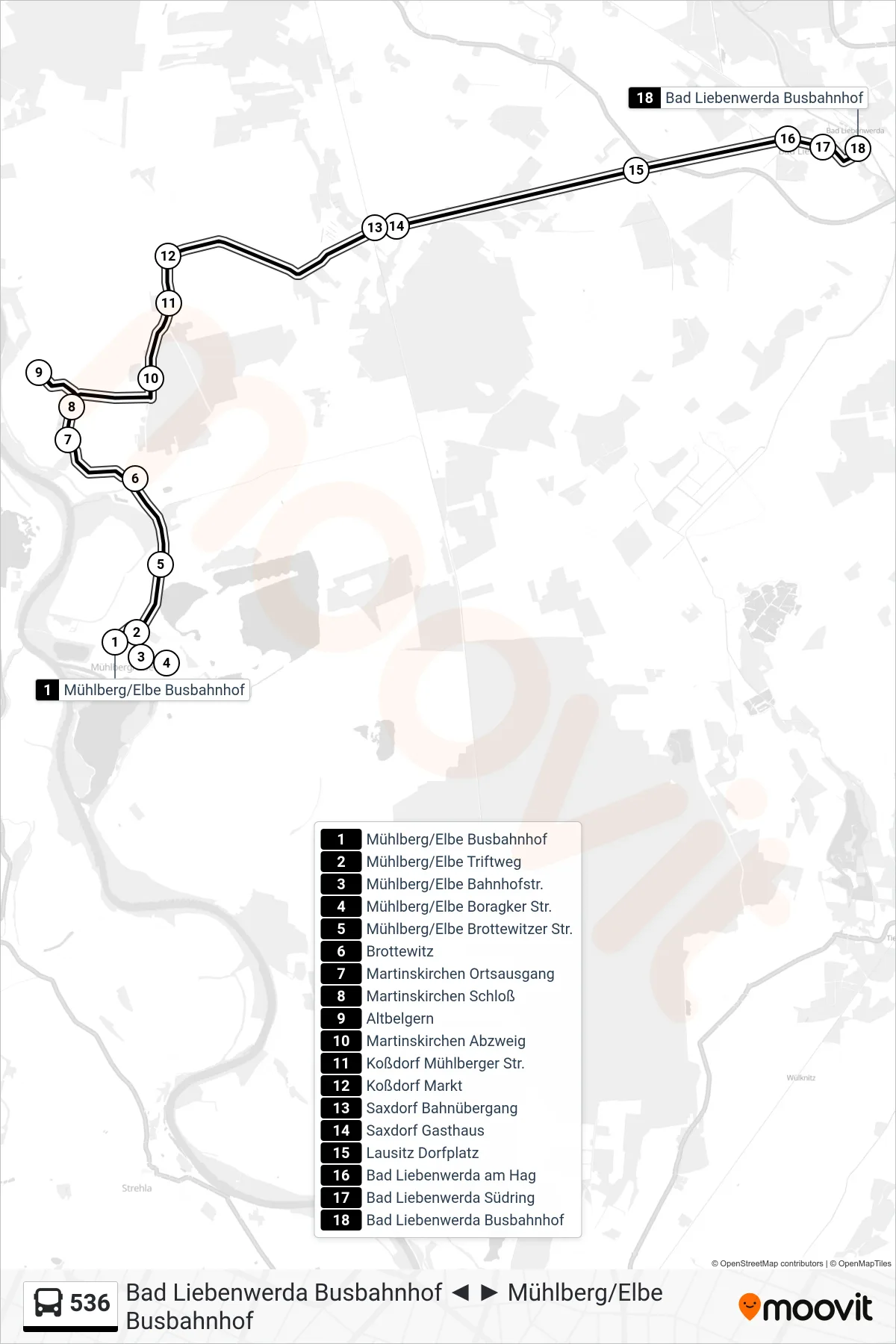 Linie 536 (Bus) Richtung Bad Liebenwerda Busbahnhof: Route und Haltestellen auf der Karte