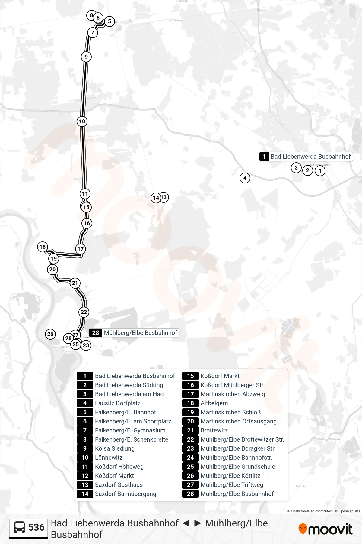 Linie 536 (Bus) Richtung Mühlberg/Elbe Busbahnhof: Route und Haltestellen auf der Karte