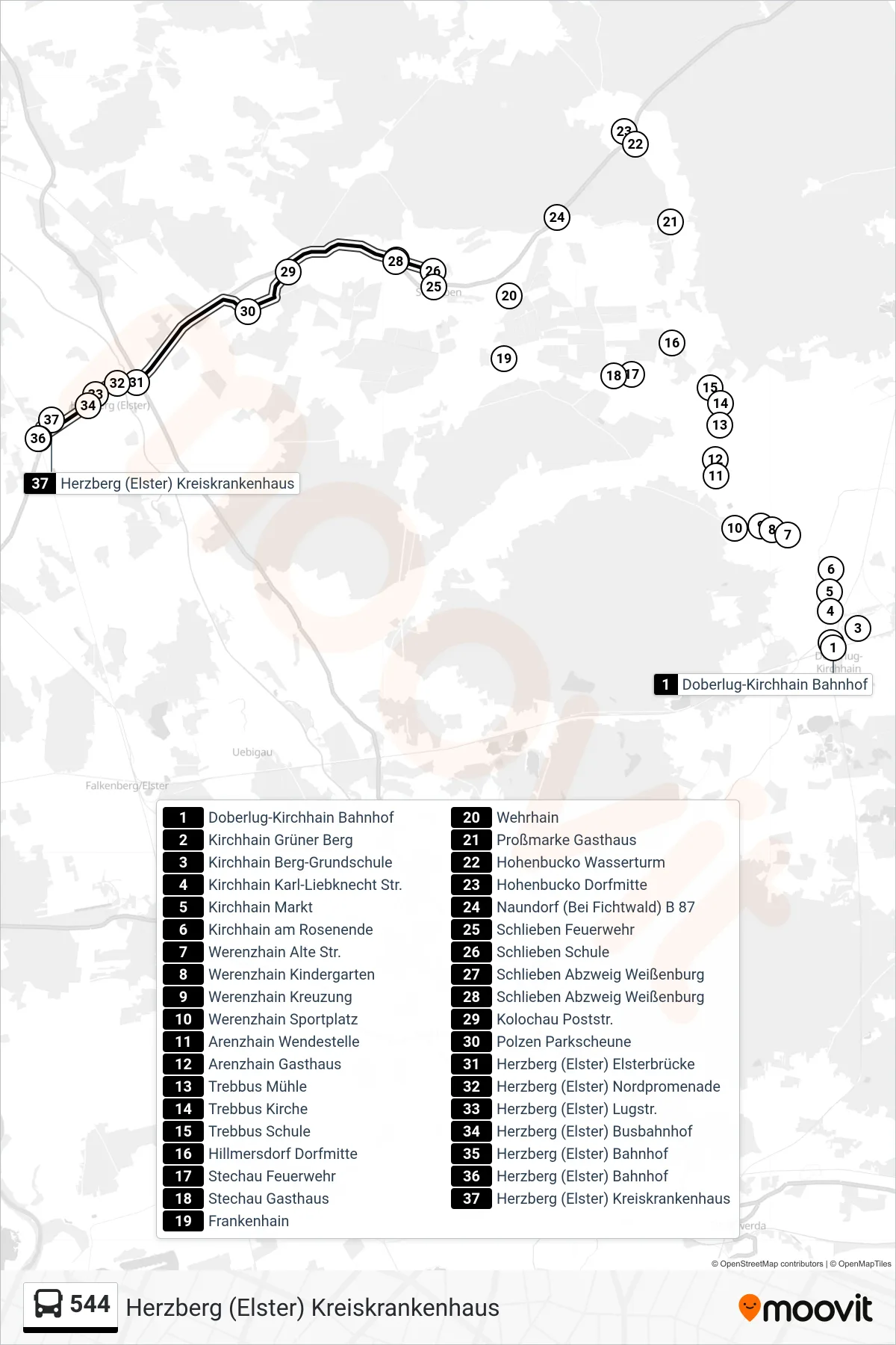 544 bus Line (Herzberg (Elster) Kreiskrankenhaus) route and stops on a map