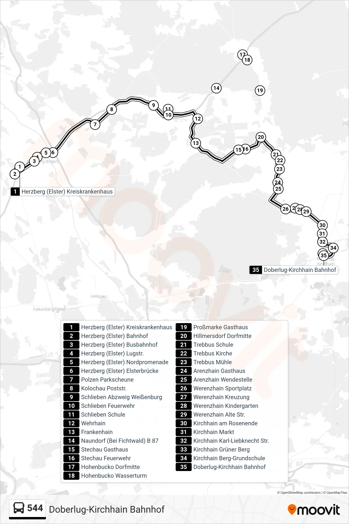 Linie 544 (Bus) Richtung Doberlug-Kirchhain Bahnhof: Route und Haltestellen auf der Karte