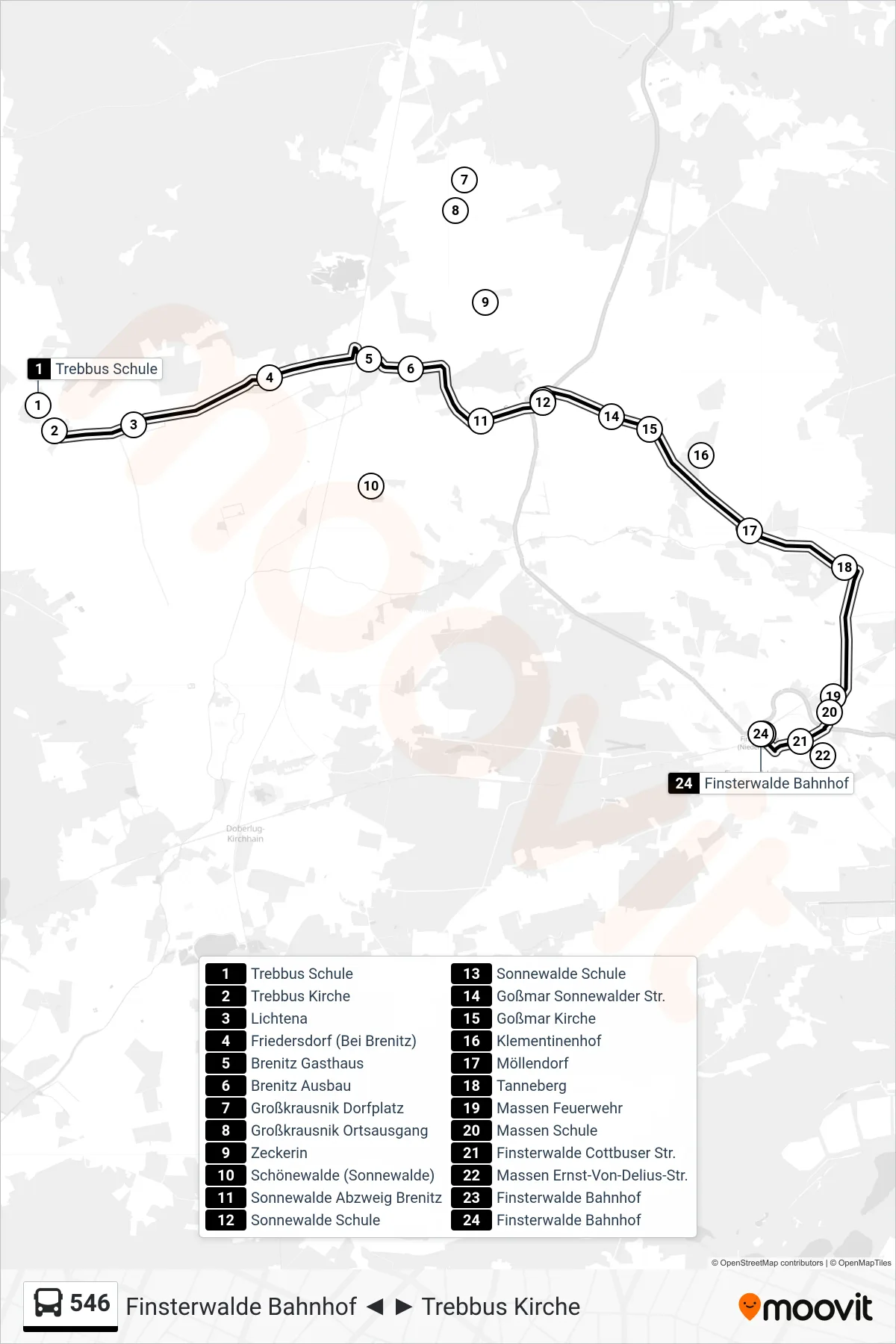 Linie 546 (Bus) Richtung Finsterwalde Bahnhof: Route und Haltestellen auf der Karte