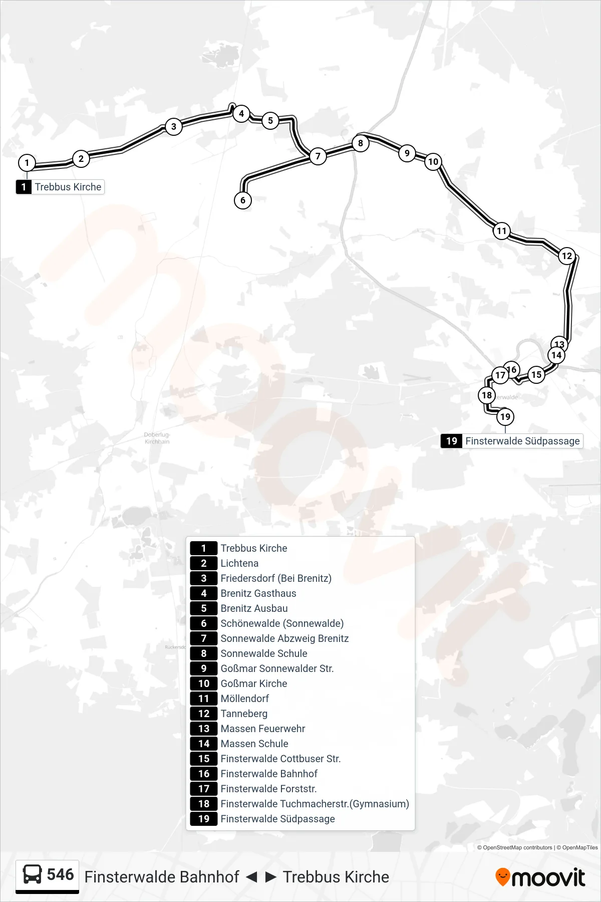 Linie 546 (Bus) Richtung Finsterwalde Südpassage: Route und Haltestellen auf der Karte