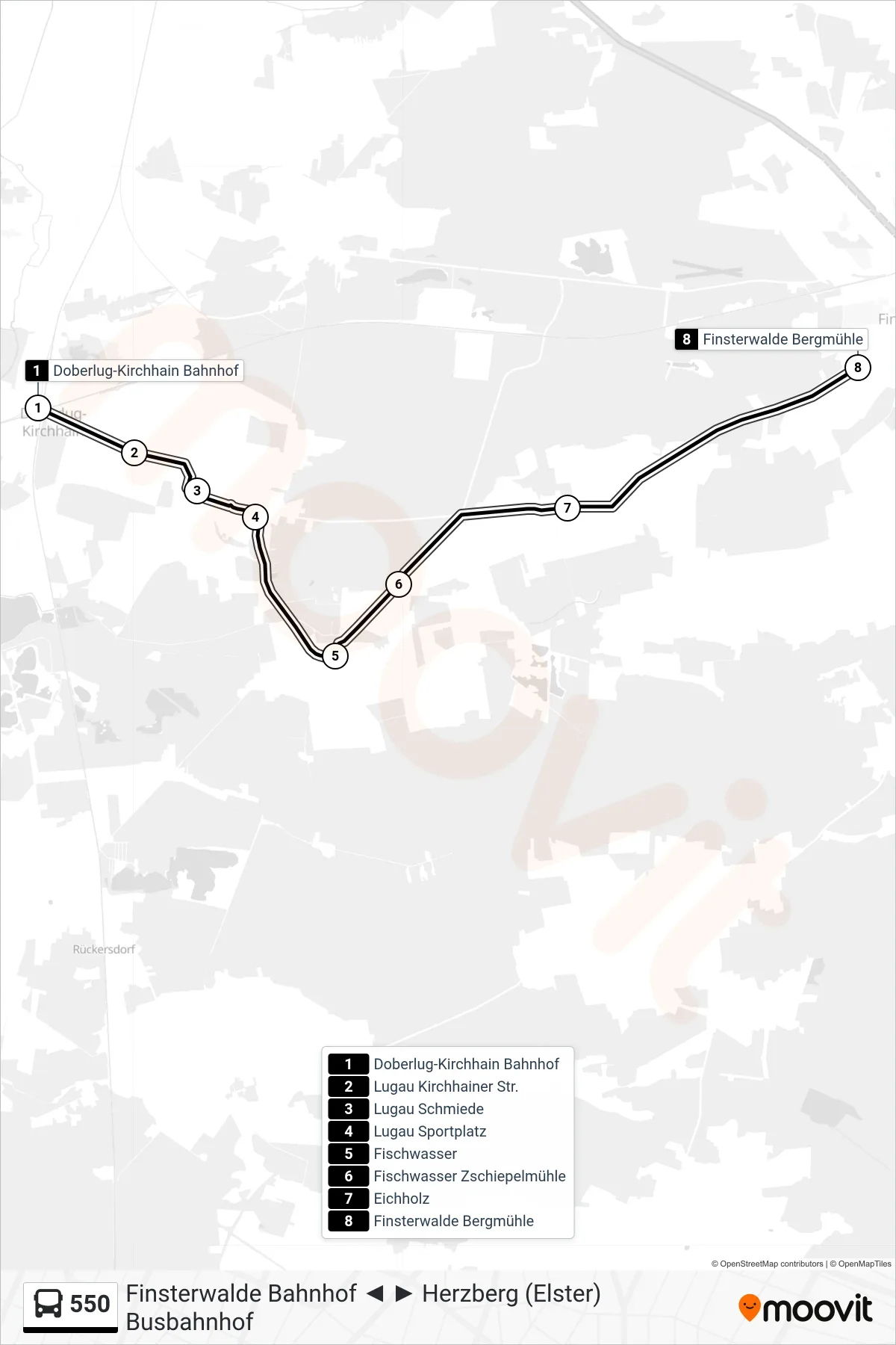 Linie 550 (Bus) Richtung Finsterwalde Bergmühle: Route und Haltestellen auf der Karte