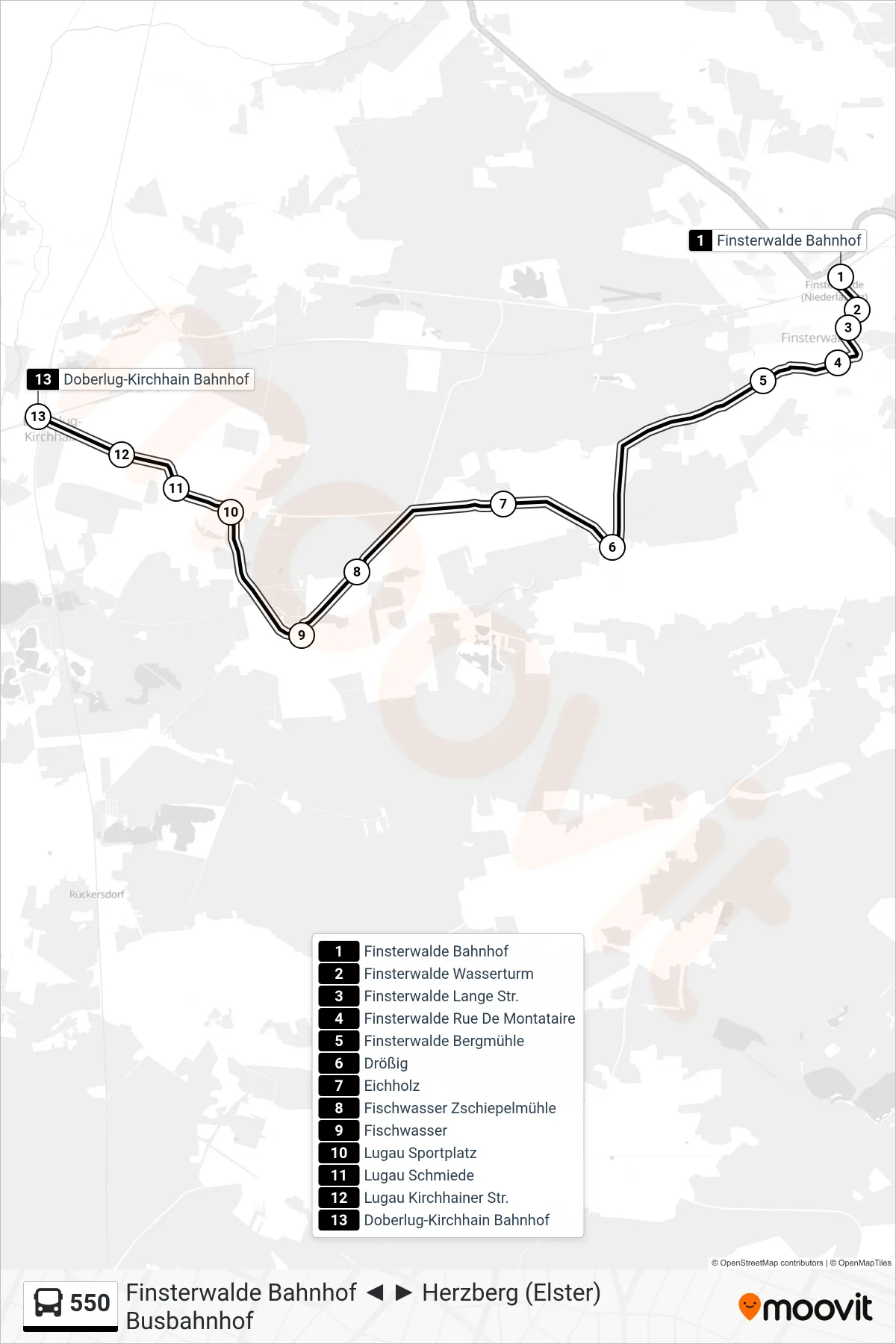 Linie 550 (Bus) Richtung Doberlug-Kirchhain Bahnhof: Route und Haltestellen auf der Karte