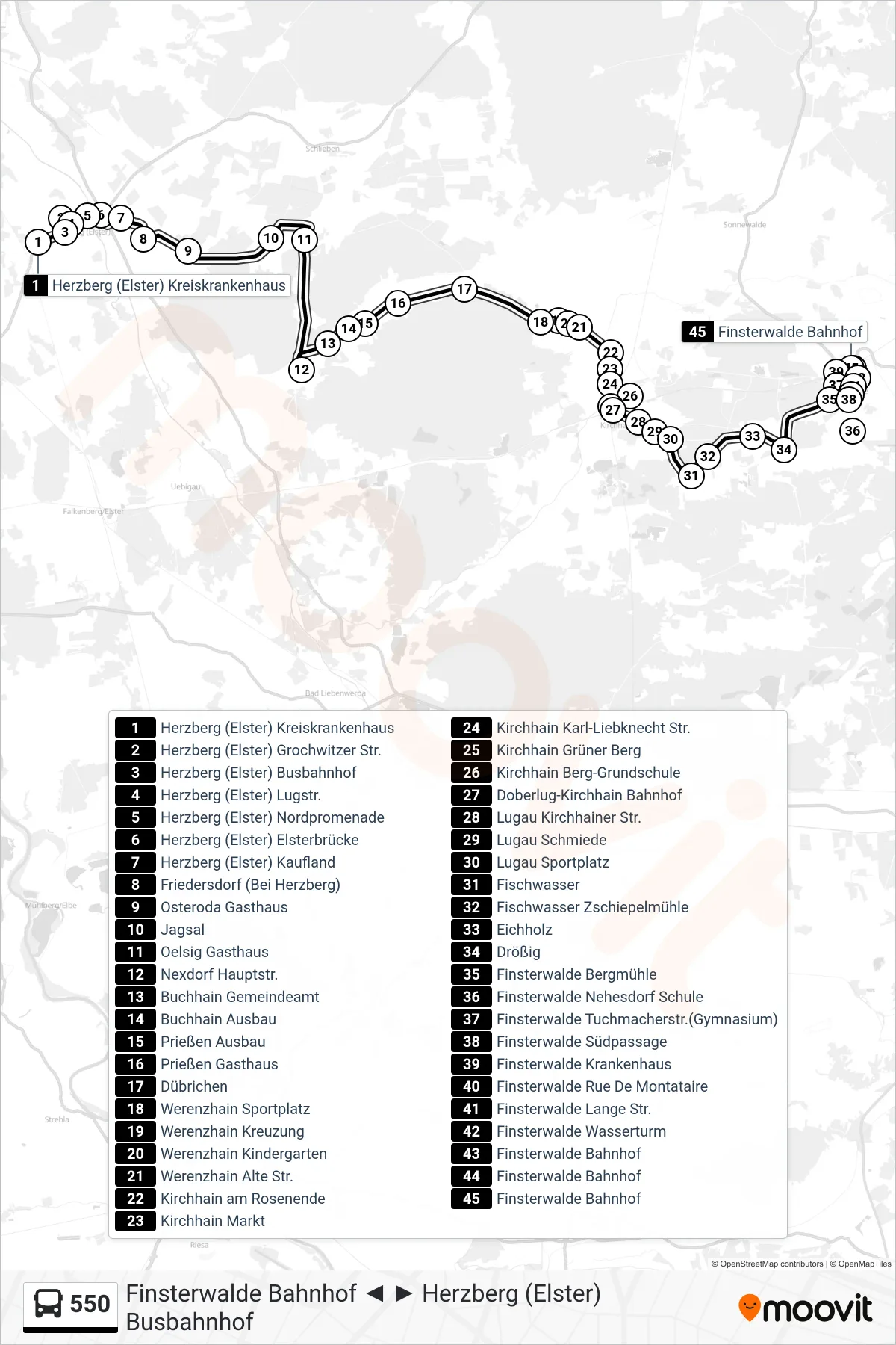 Linie 550 (Bus) Richtung Finsterwalde Bahnhof: Route und Haltestellen auf der Karte