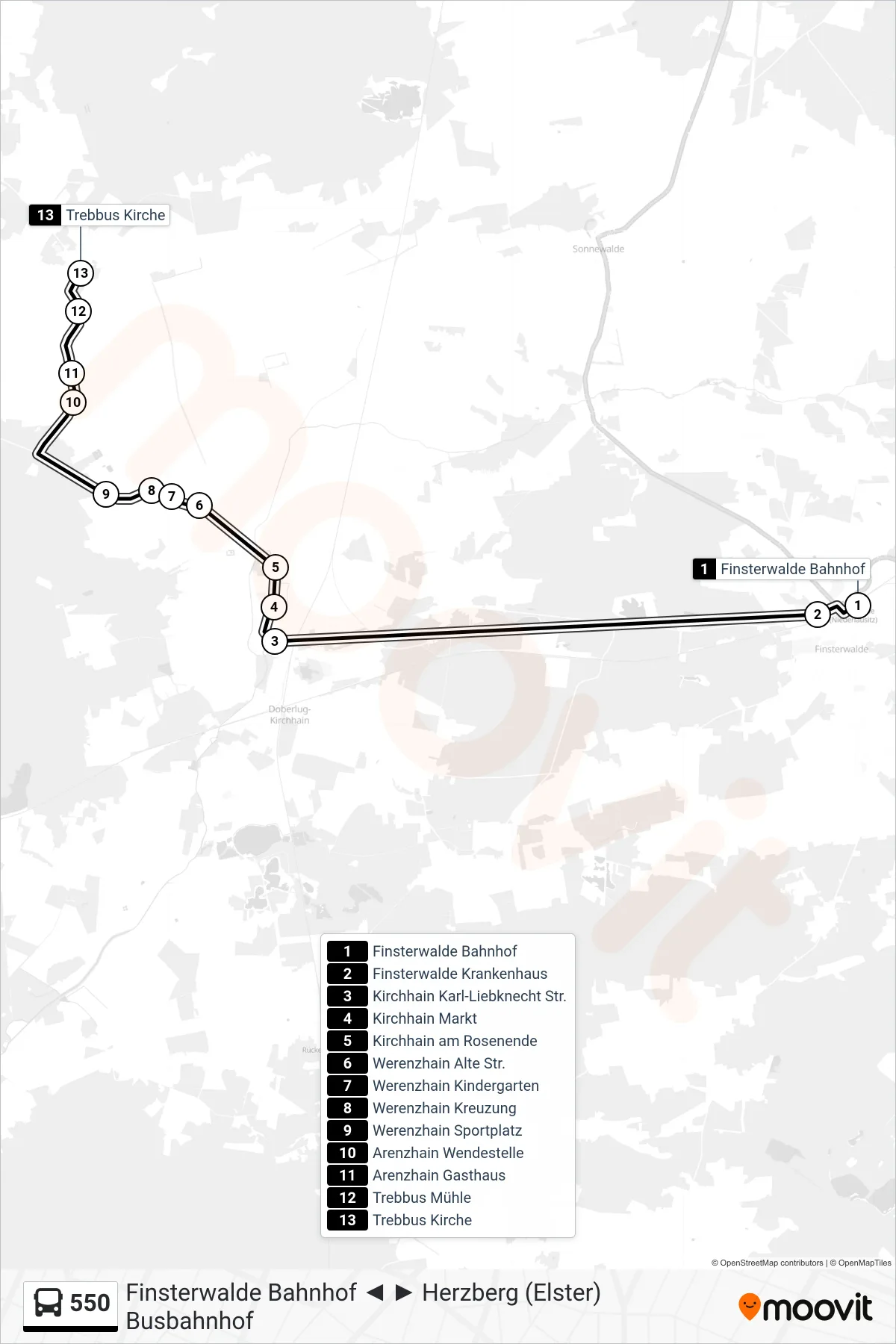 Linie 550 (Bus) Richtung Trebbus Kirche: Route und Haltestellen auf der Karte