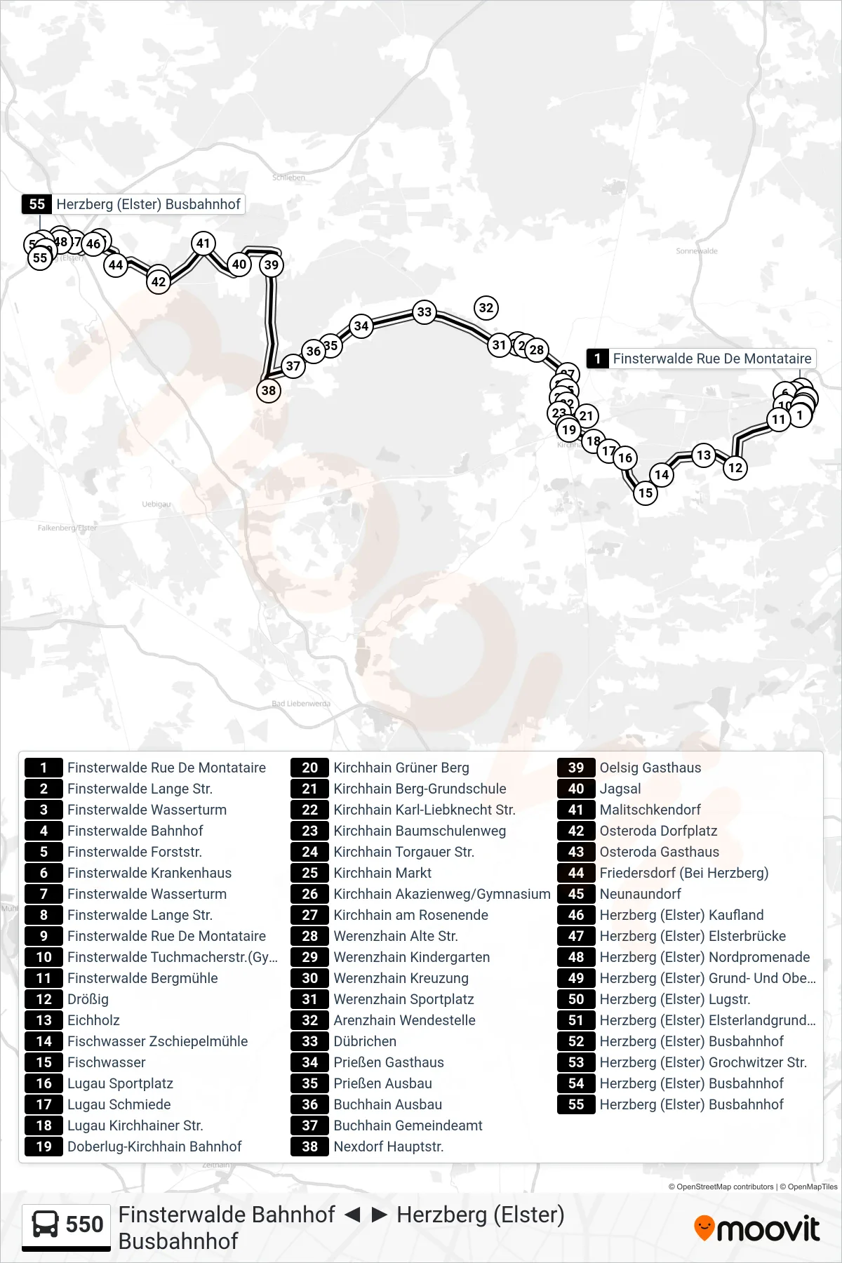 Linie 550 (Bus) Richtung Herzberg (Elster) Busbahnhof: Route und Haltestellen auf der Karte