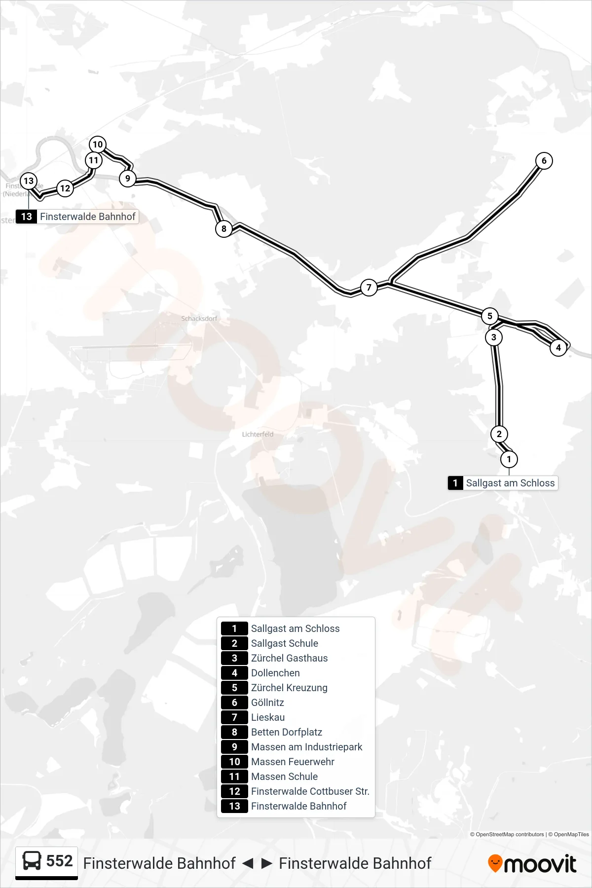 Linie 552 (Bus) Richtung Finsterwalde Bahnhof: Route und Haltestellen auf der Karte