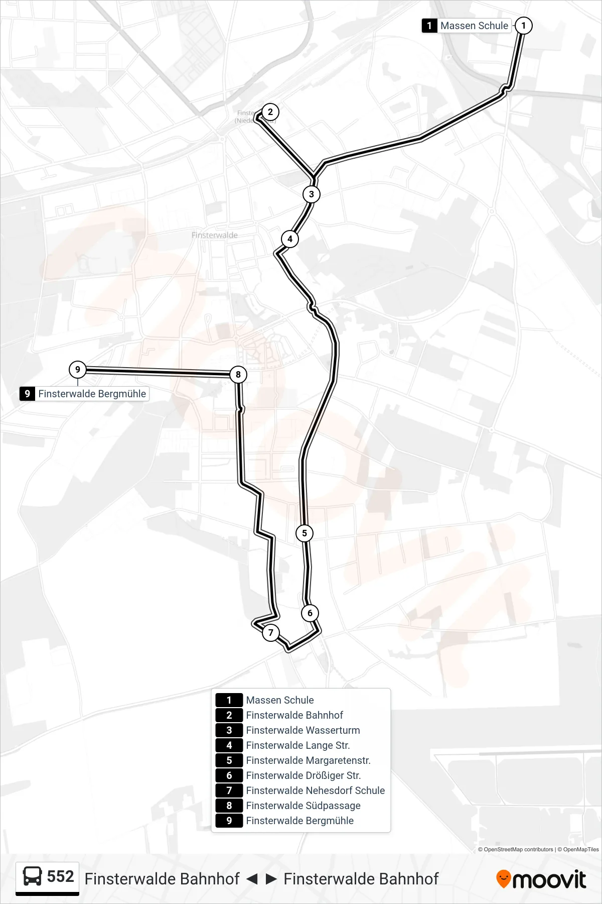 552 bus Line (Finsterwalde Bergmühle) route and stops on a map