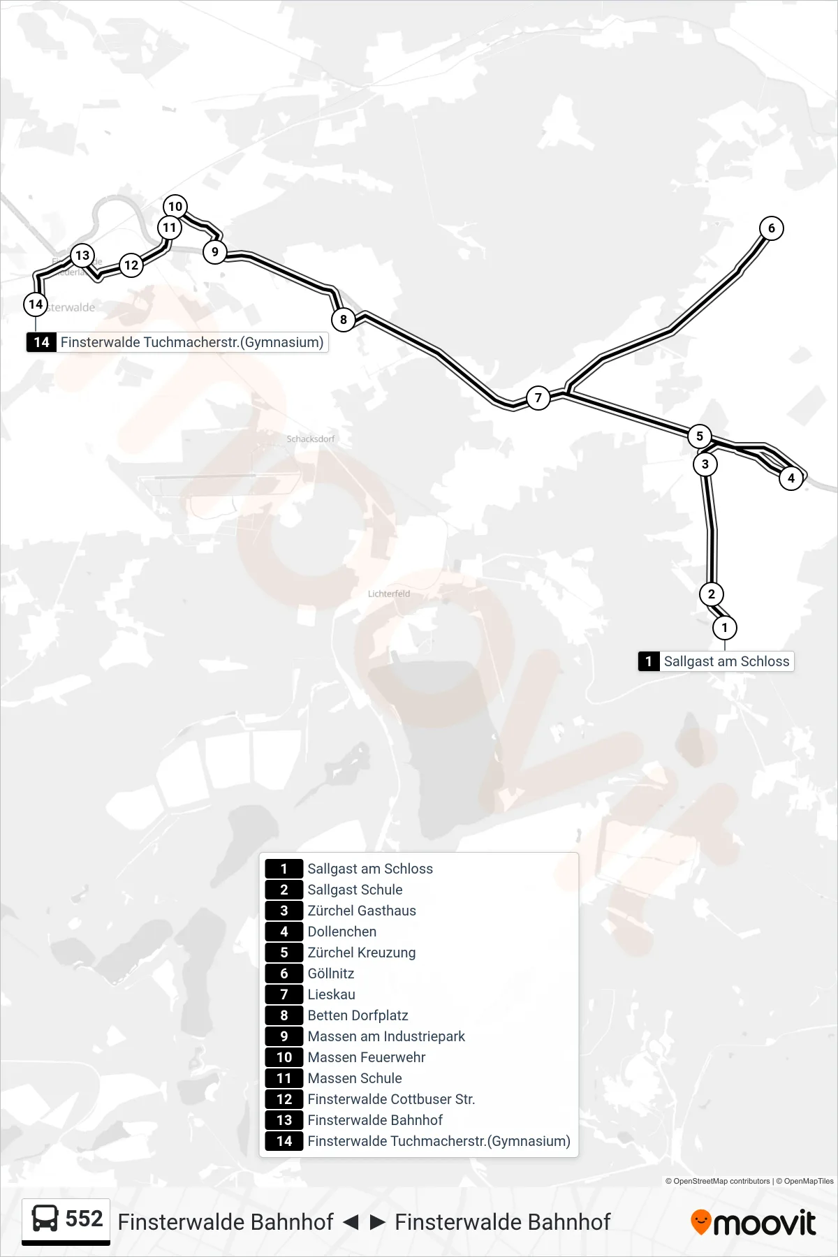 Linie 552 (Bus) Richtung Finsterwalde Tuchmacherstr.(Gymnasium): Route und Haltestellen auf der Karte