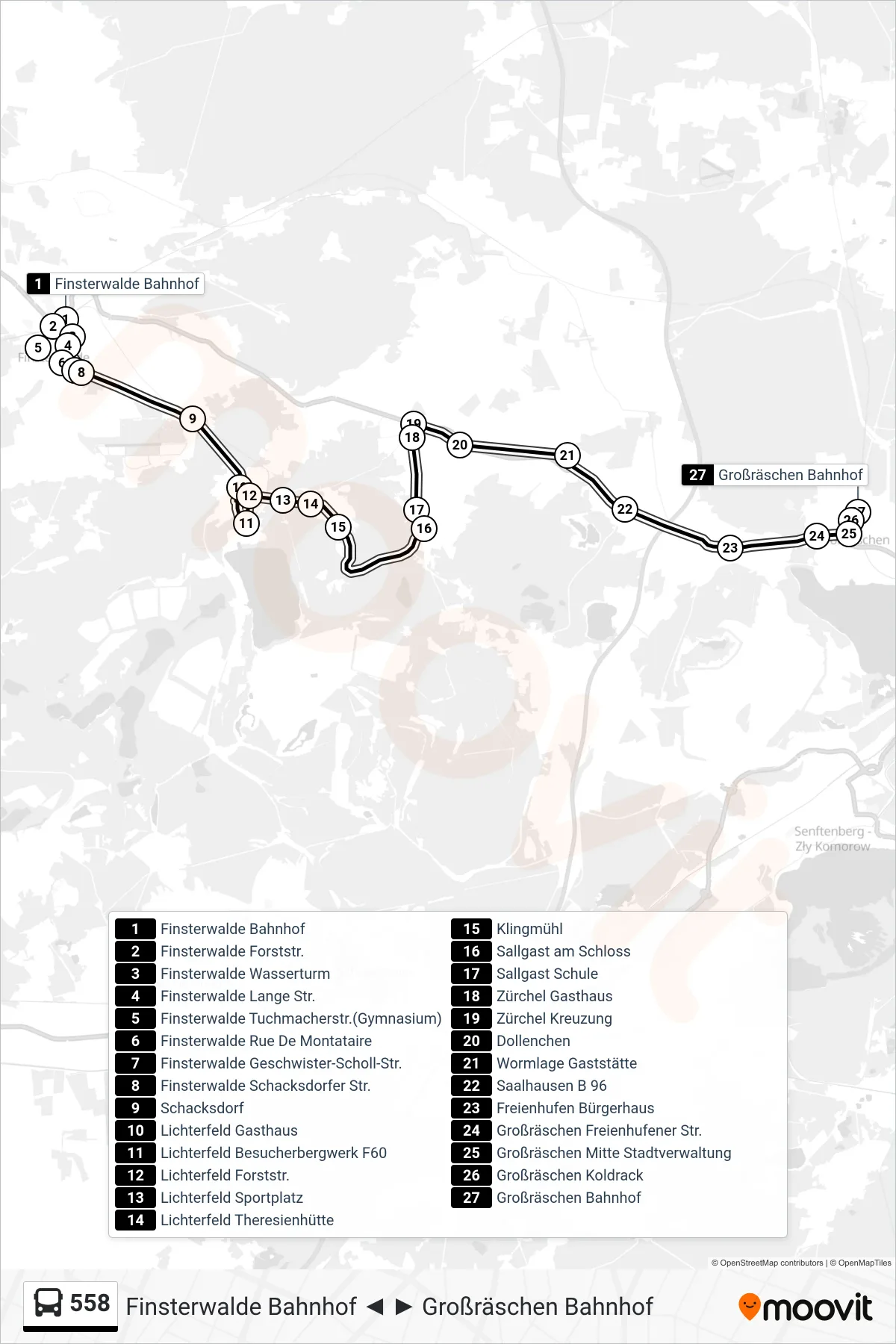 Linie 558 (Bus) Richtung Großräschen Bahnhof: Route und Haltestellen auf der Karte