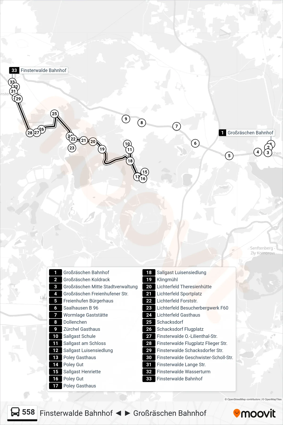 Linie 558 (Bus) Richtung Finsterwalde Bahnhof: Route und Haltestellen auf der Karte