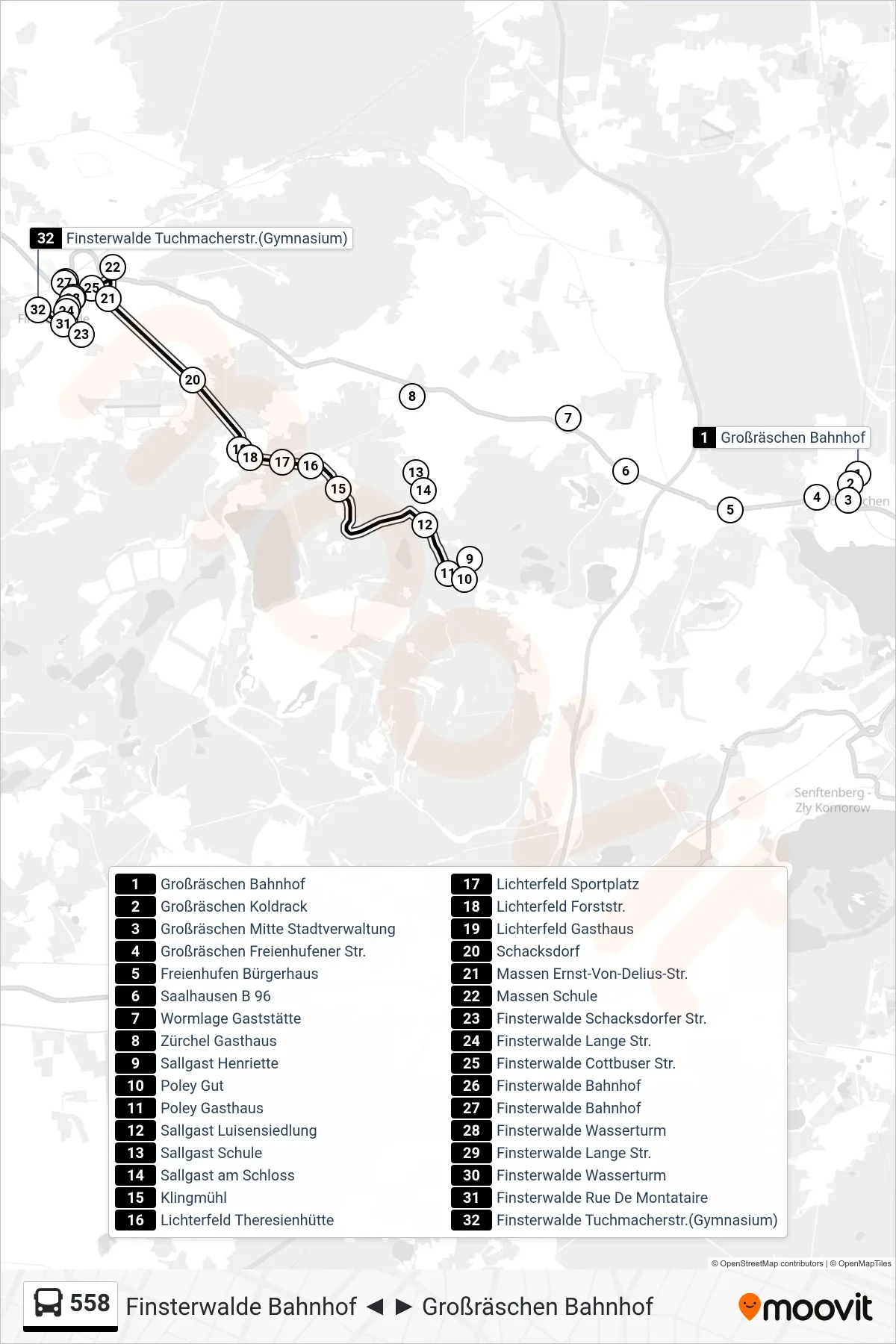 Linie 558 (Bus) Richtung Finsterwalde Tuchmacherstr.(Gymnasium): Route und Haltestellen auf der Karte