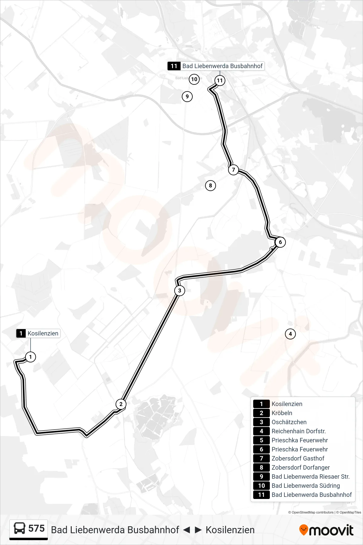 Linie 575 (Bus) Richtung Bad Liebenwerda Busbahnhof: Route und Haltestellen auf der Karte