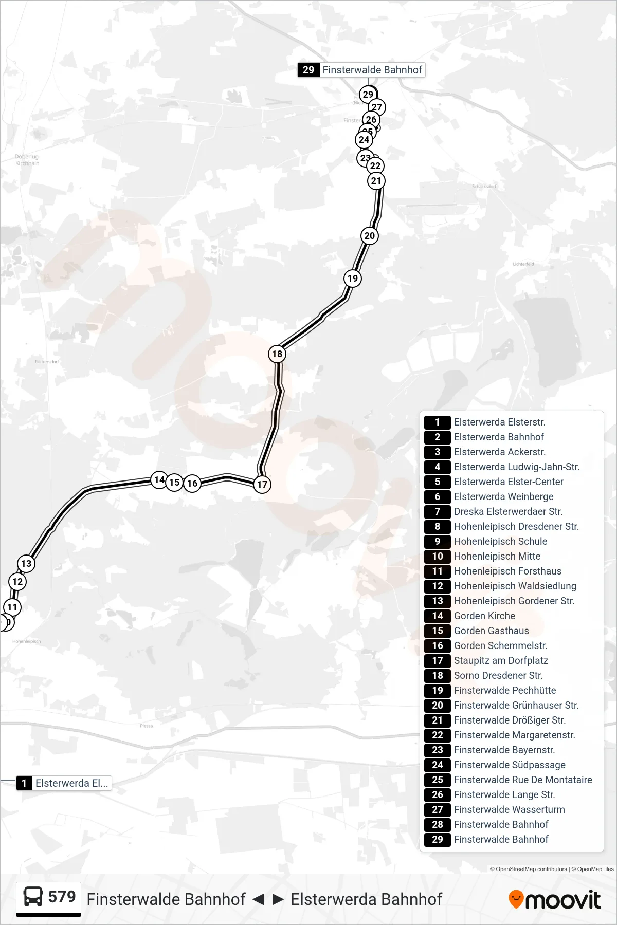 Linie 579 (Bus) Richtung Finsterwalde Bahnhof: Route und Haltestellen auf der Karte