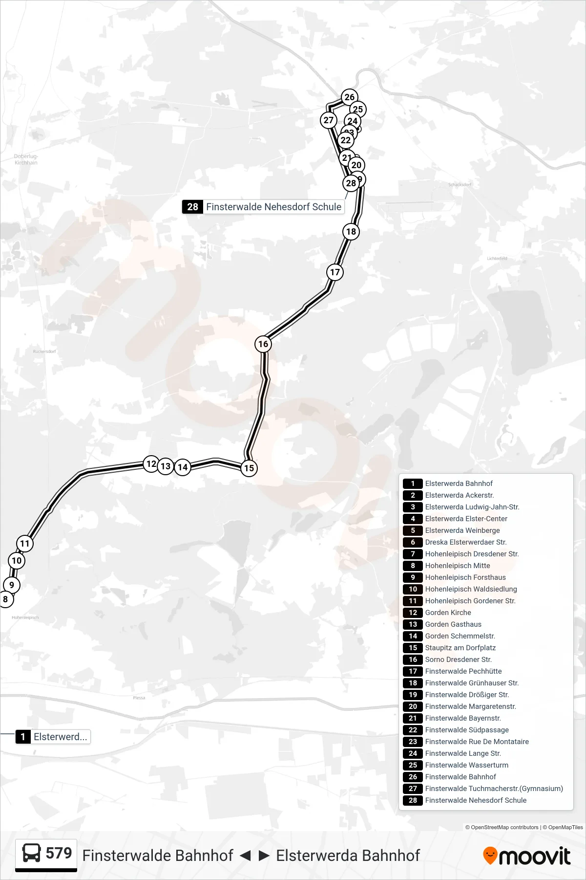 Linie 579 (Bus) Richtung Finsterwalde Nehesdorf Schule: Route und Haltestellen auf der Karte