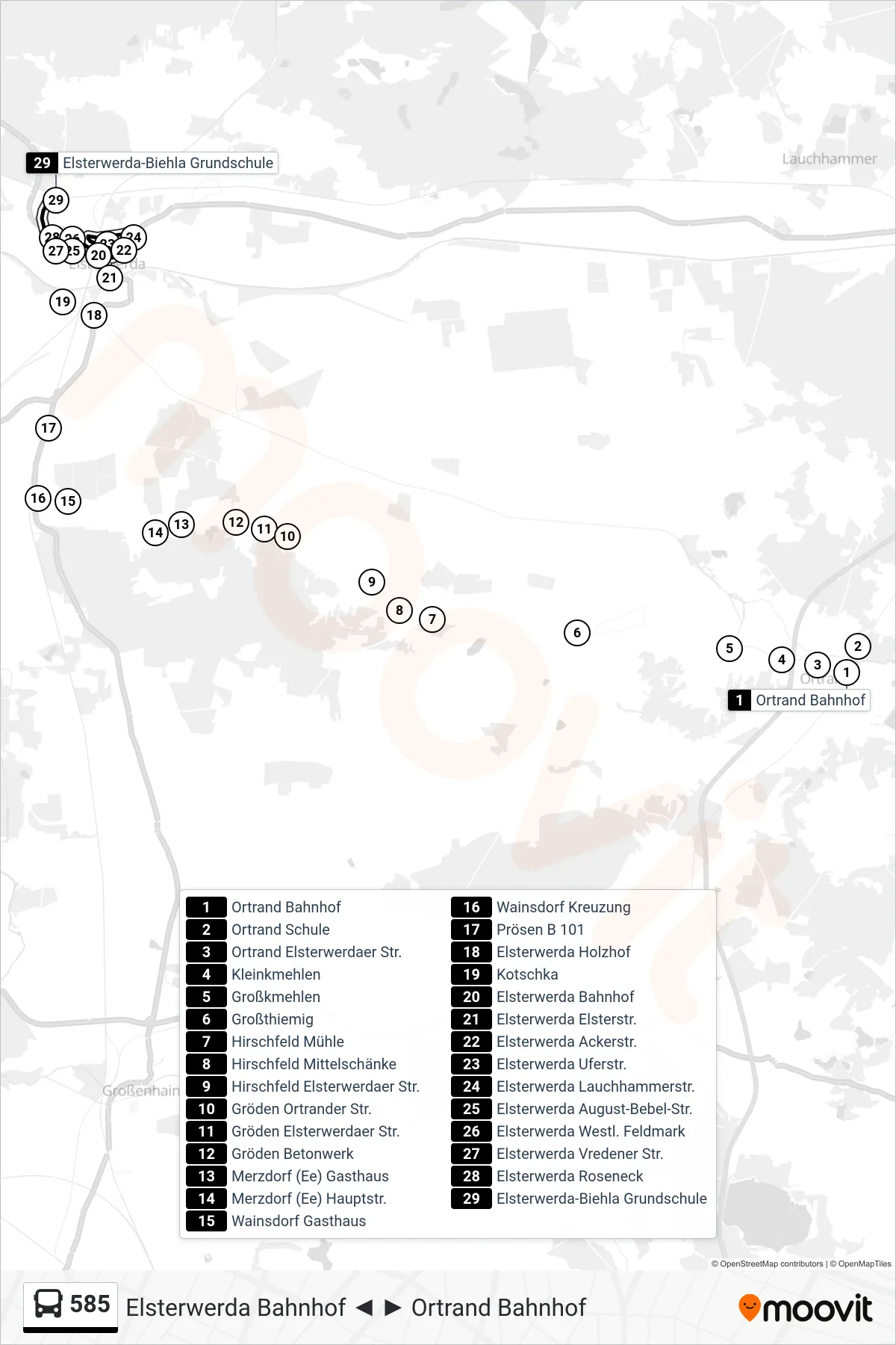585 bus Line (Elsterwerda-Biehla Grundschule) route and stops on a map