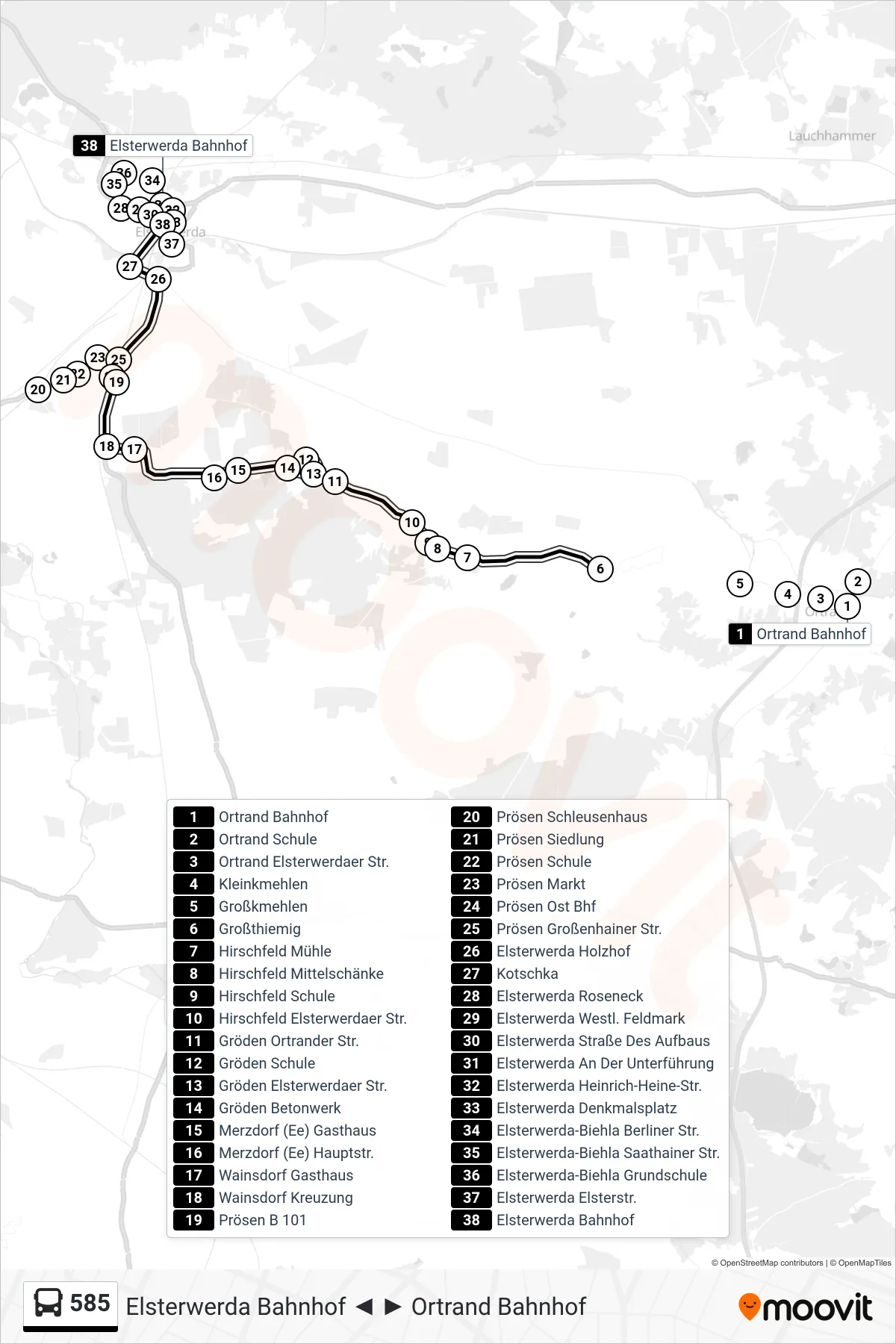 Linie 585 (Bus) Richtung Elsterwerda Bahnhof: Route und Haltestellen auf der Karte